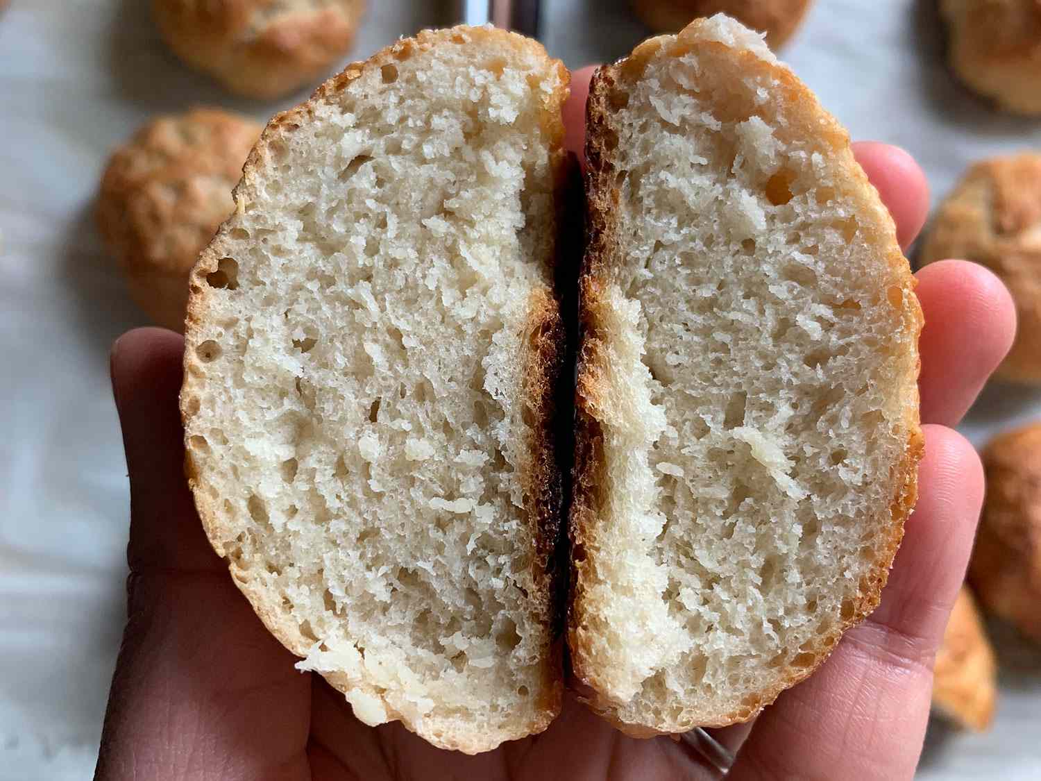 Comparison of rolls interiors baked using only all-purpose flour vs all-purpose flour + vital wheat gluten: the roll with vital wheat gluten has swelled slightly larger during baking.