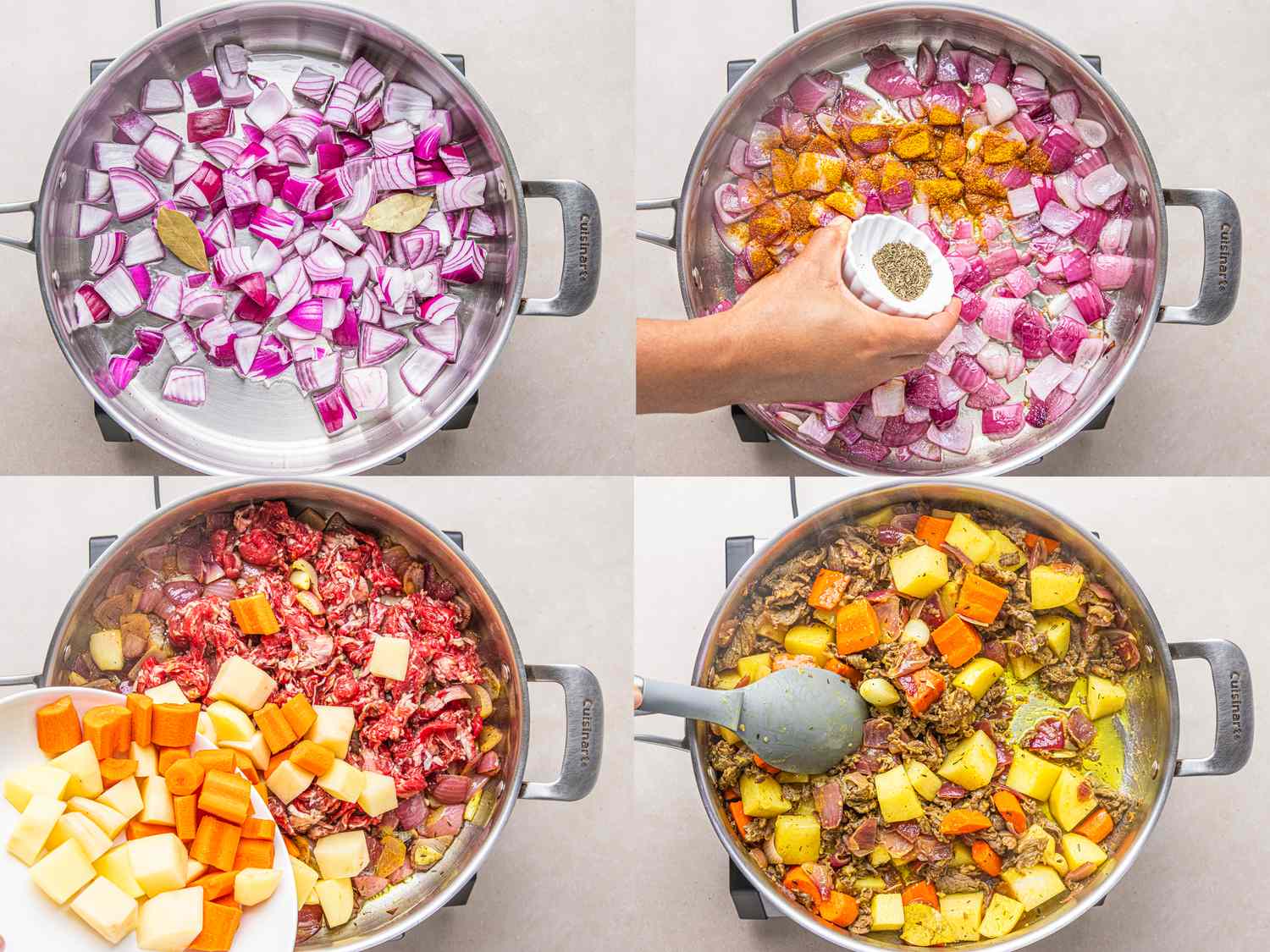 Stepbystep preparation of a Nigerian beef curry with onions seasonings beef and vegetables in a pot