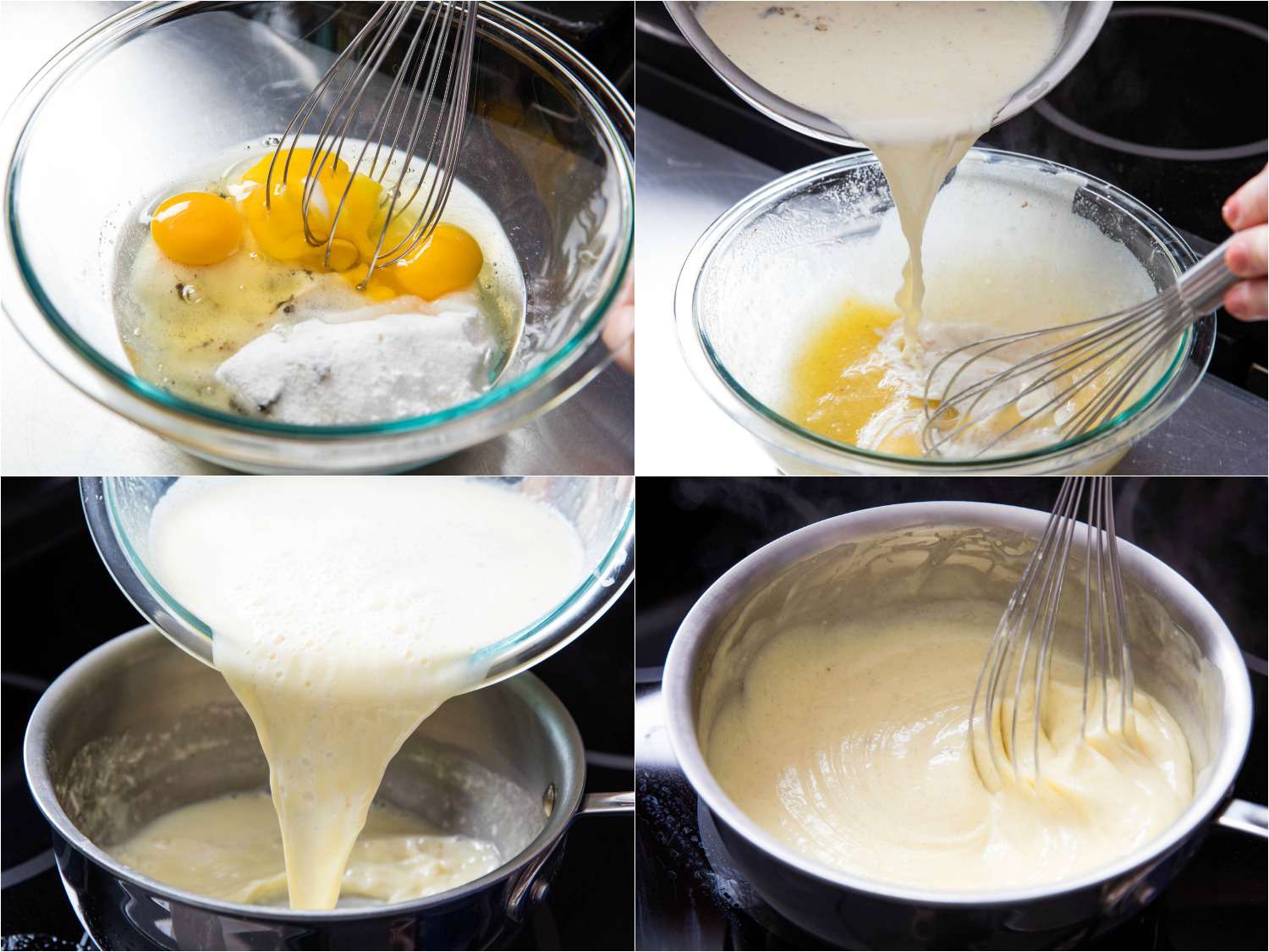 Collage of tempering eggs and making the custard base for pudding pops.