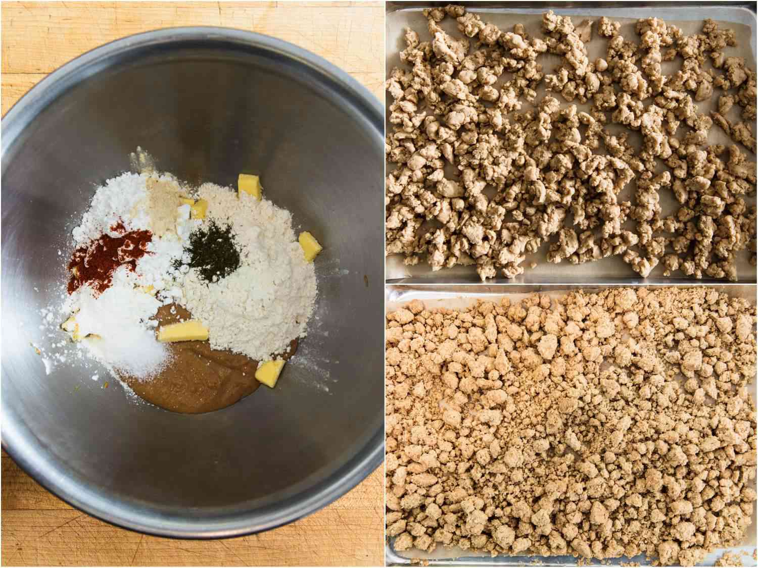 Collage of adding ingredients for the peanut crumble to a mixing bowl, and mages of the crumble before and after baking.