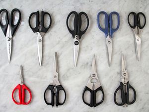 A selection of kitchen shears arranged on a flat surface