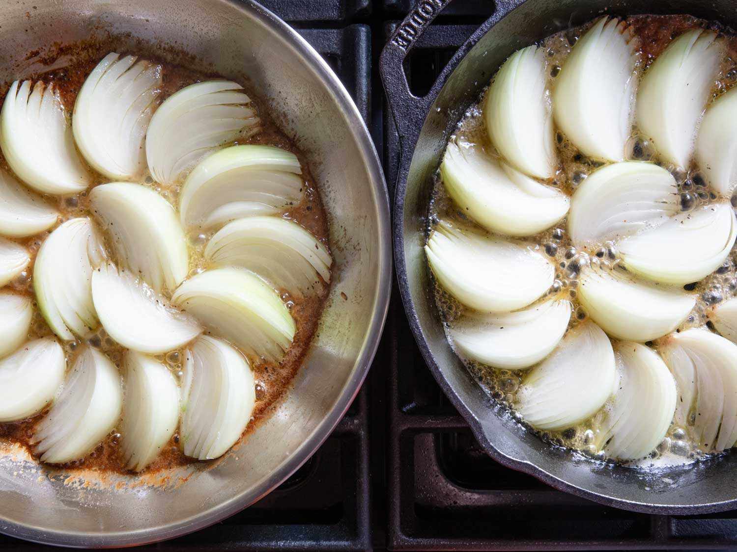 Onions cooking and sugar caramelizing in a cast iron skillet and a stainless steel skillet.