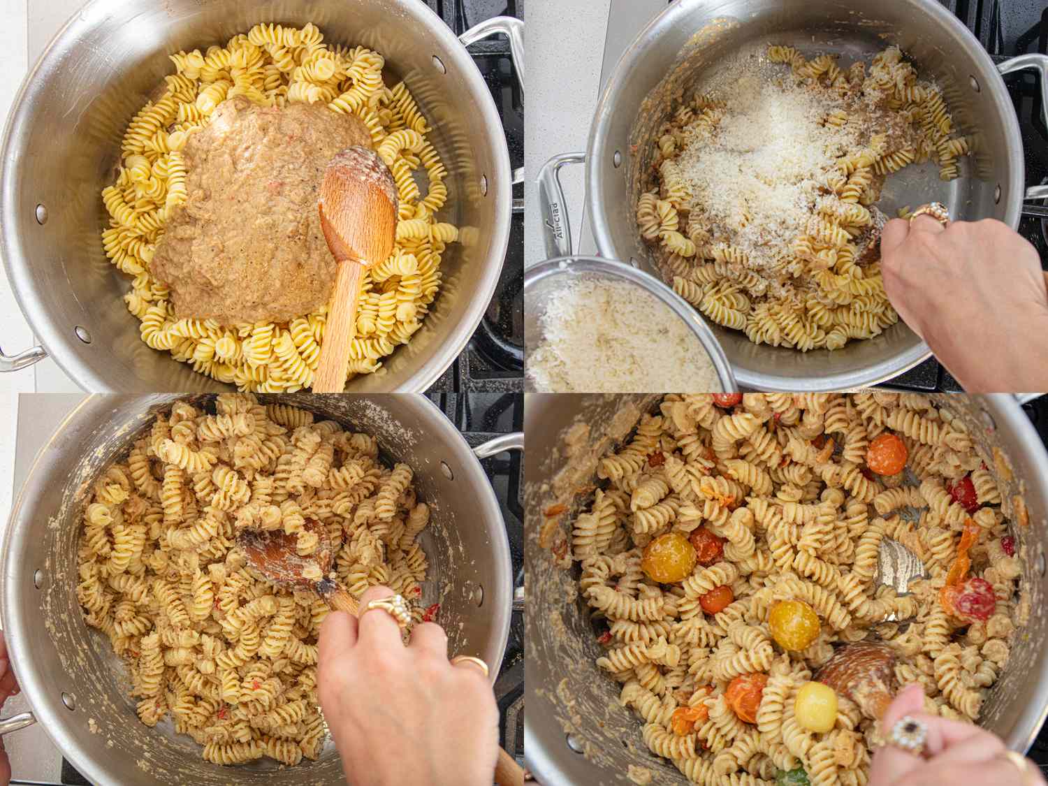 Steps for preparing baba ghanoush pasta in a pot showing sauce addition mixing and final dish with tomatoes