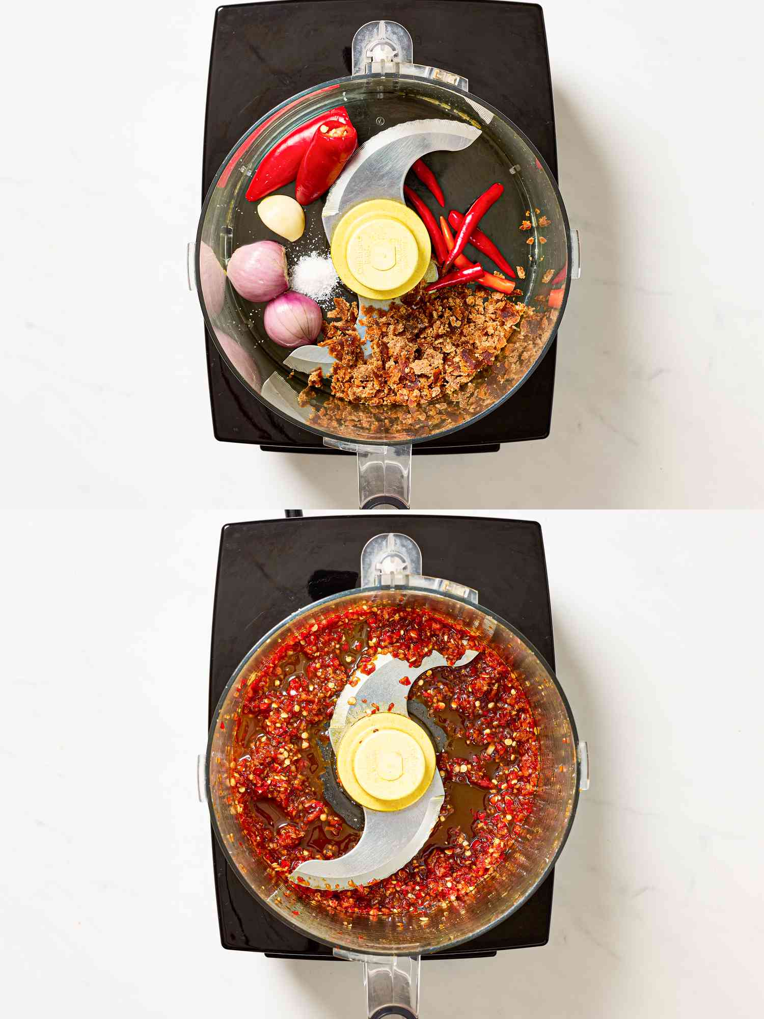 Two image collage of shallots and chiles in food processor