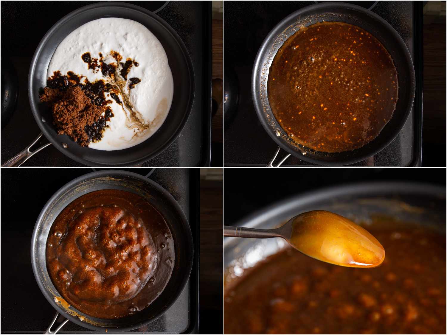 collage: coconut milk, muscovado sugar, vanilla or pandan extract, and salt in a nonstick skillet; mixed together; brought to a boil; shown coating the back of a spoon