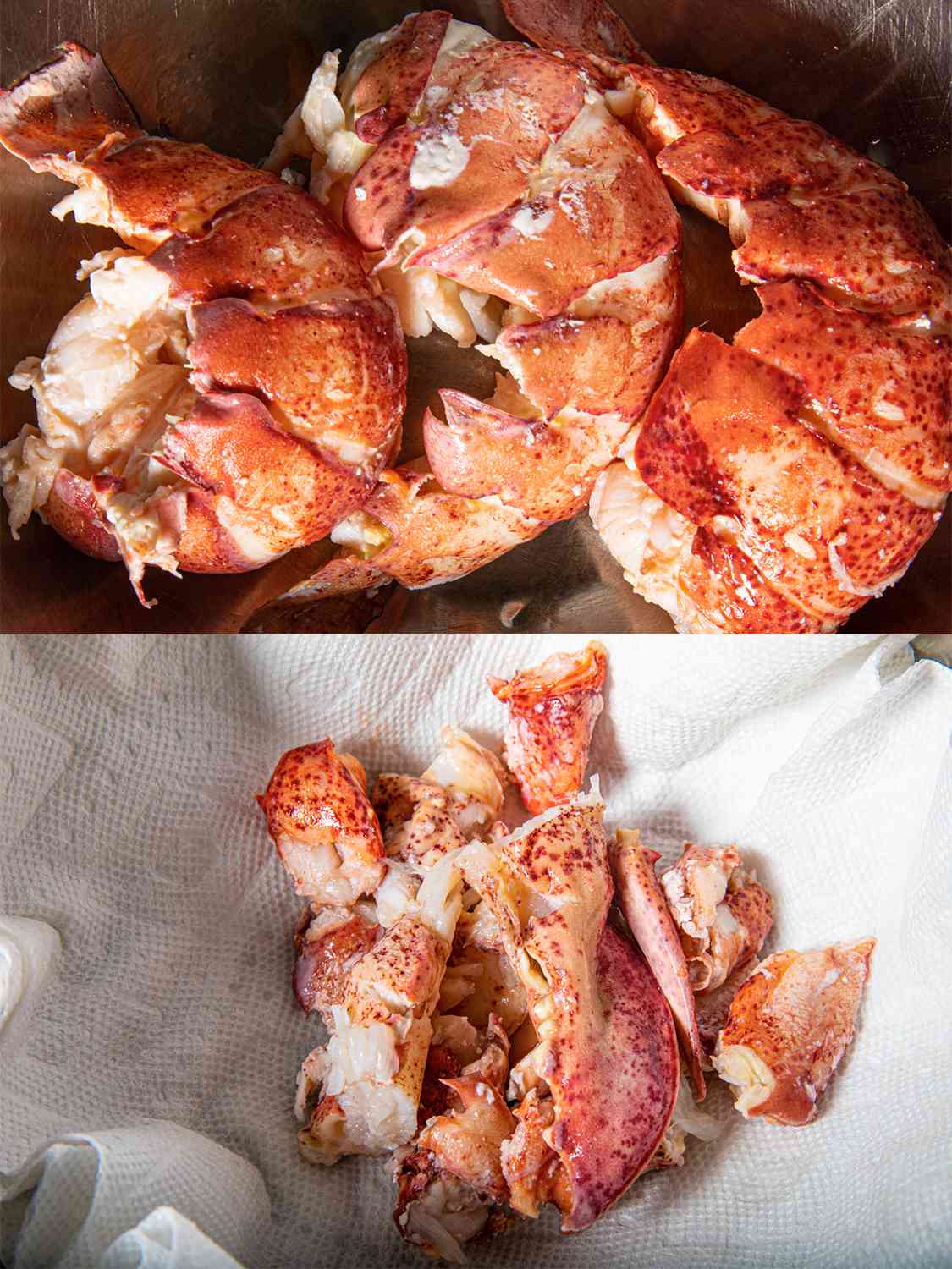 Two image collage. Top: 3 lobster tails with shell removed. Bottom: Chopped up lobster draining on a paper towel
