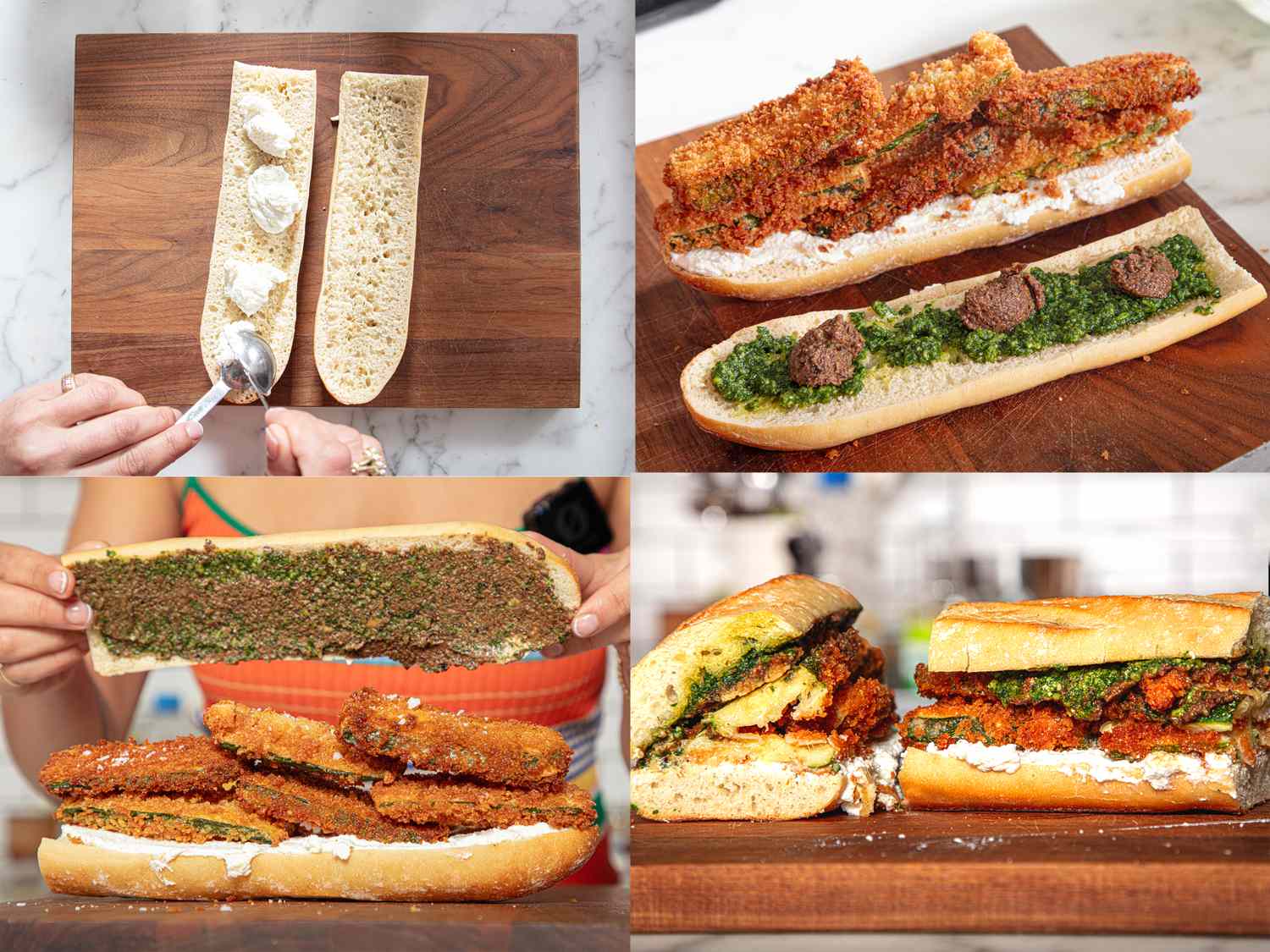 Steps in preparing a crispy zucchini sandwich including assembling and presenting the sandwich