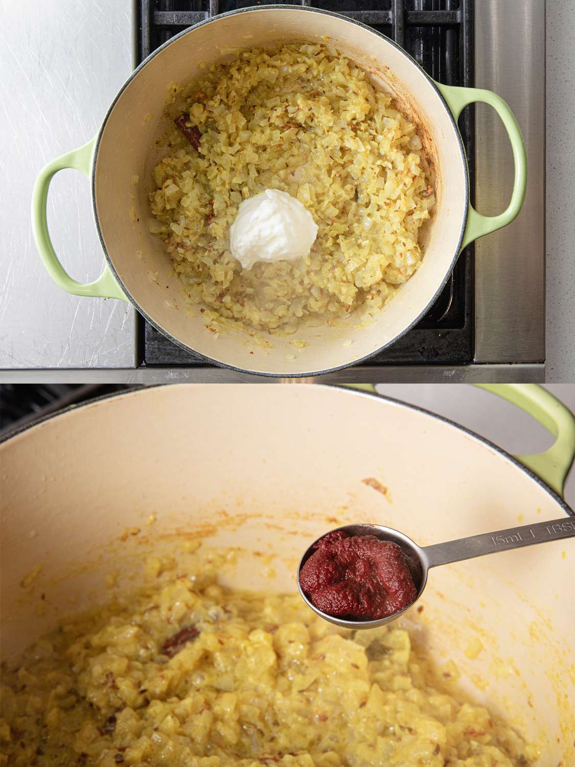 Two image collage. Top image: overhead shot of yogurt added to dutch oven. Bottom Image: side angle view of tomato paste about to be added. 
