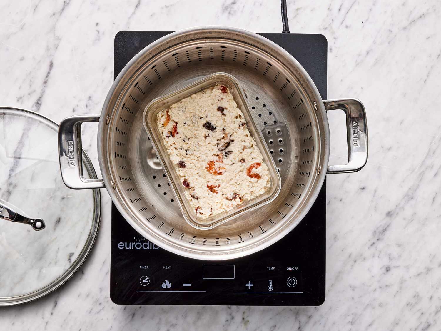 Overhead view of batter in steamer setup 