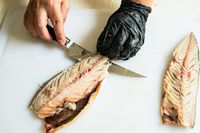 A person using the Shun Classic 6" Boning & Fillet Knife to slice a fish