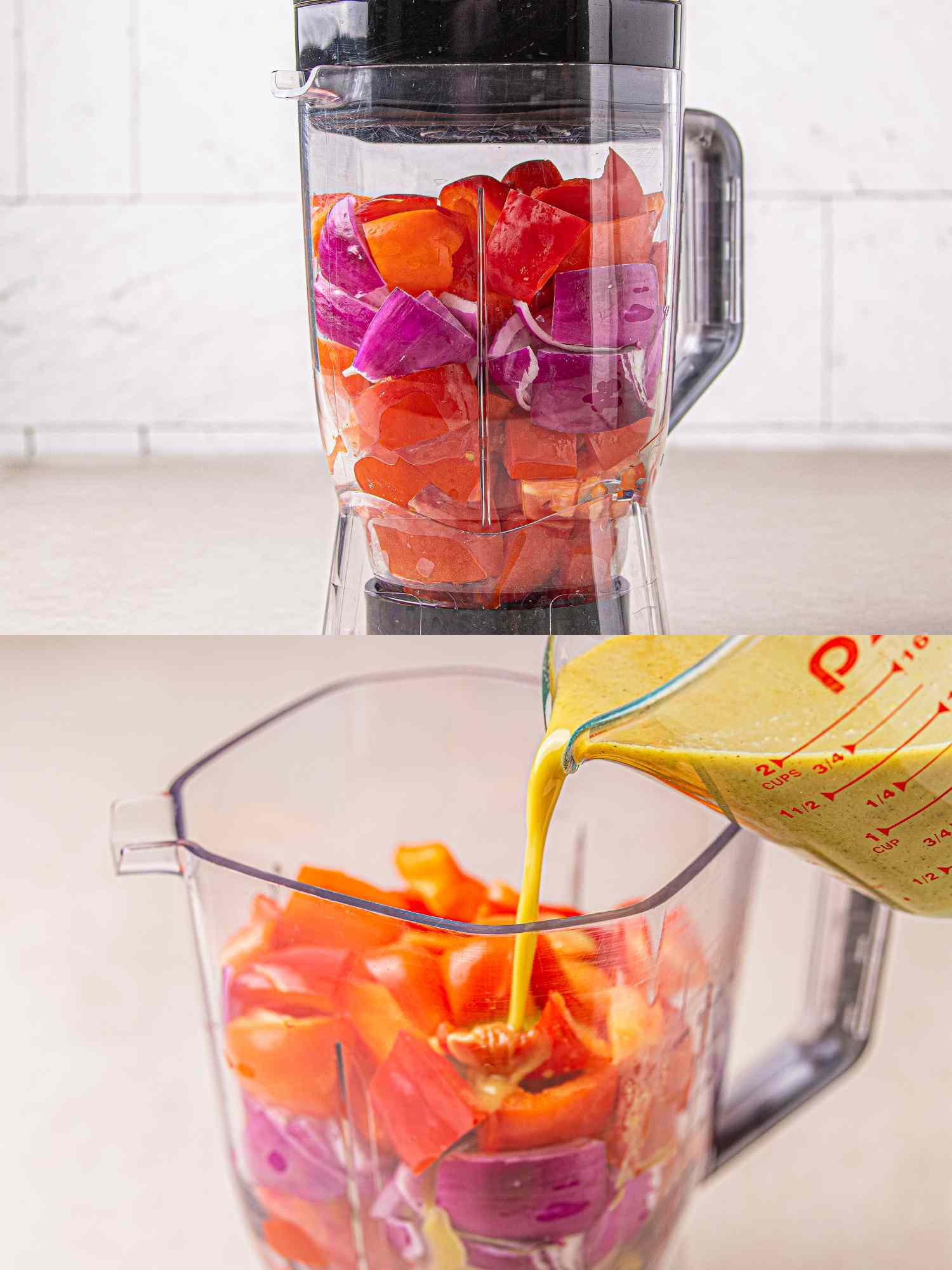 Chopped vegetables and liquid in a blender mixture preparing for blending