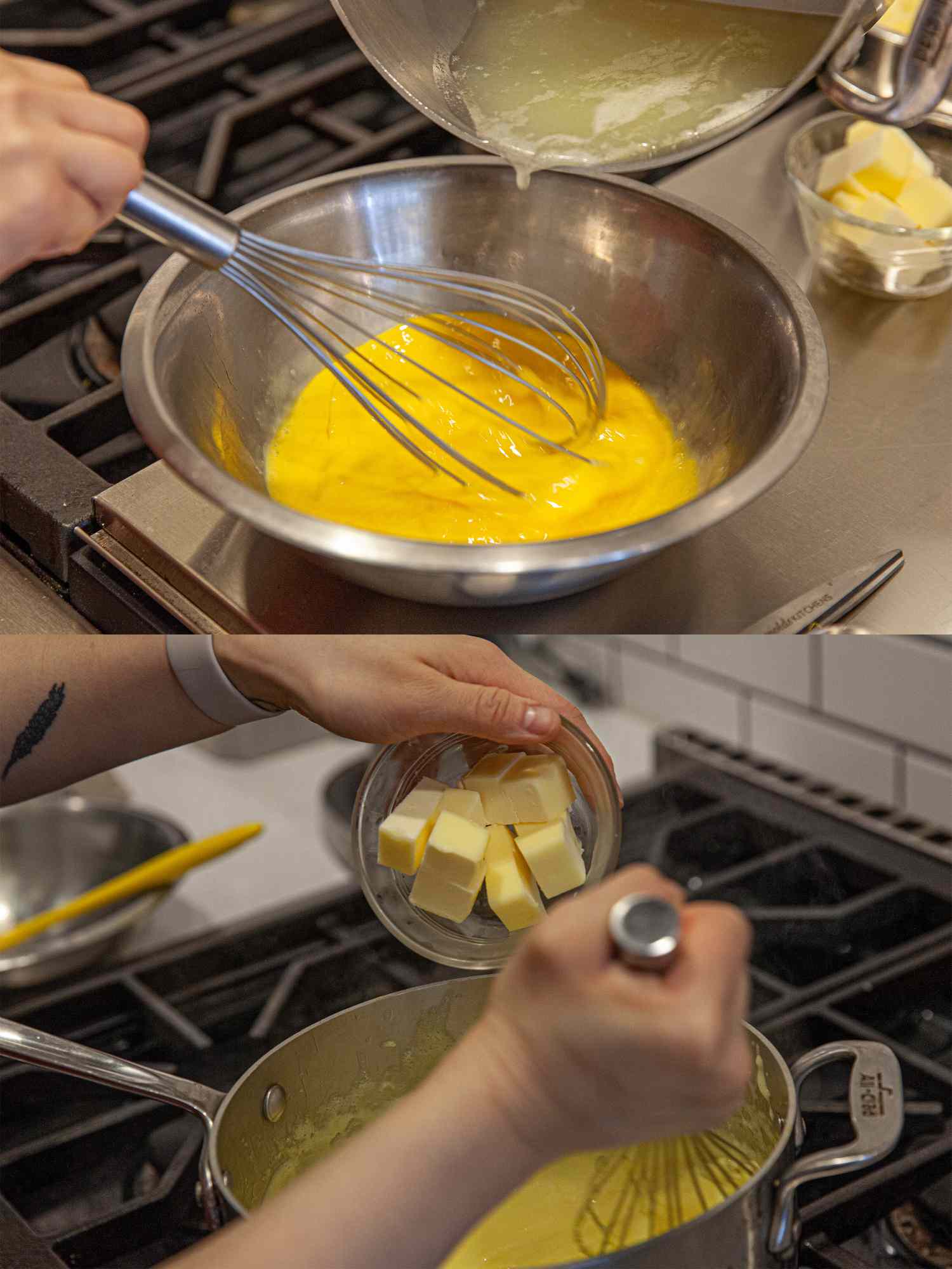 Two image collage of adding lemon to eggs and adding butter