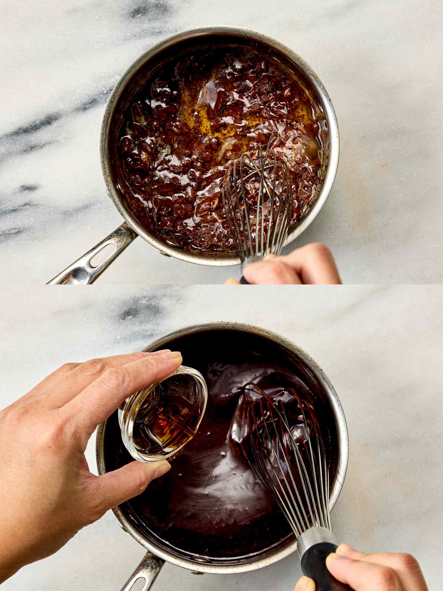 Stepbystep preparation of a chocolate mixture in a saucepan using a whisk and adding an ingredient