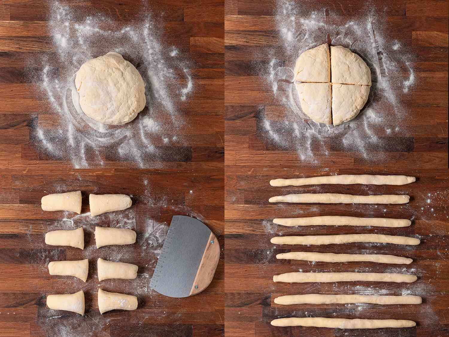 A four-image collage showing the disc of dough on a wooden cutting board. The disc is split into four sections, cut into eight short logs, and then rolled into eight long, thin logs.
