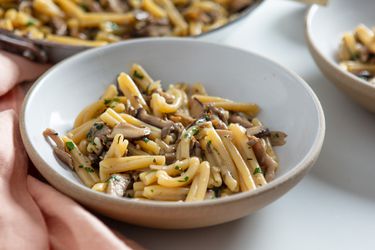 A bowl of creamy pasta with mushrooms 
