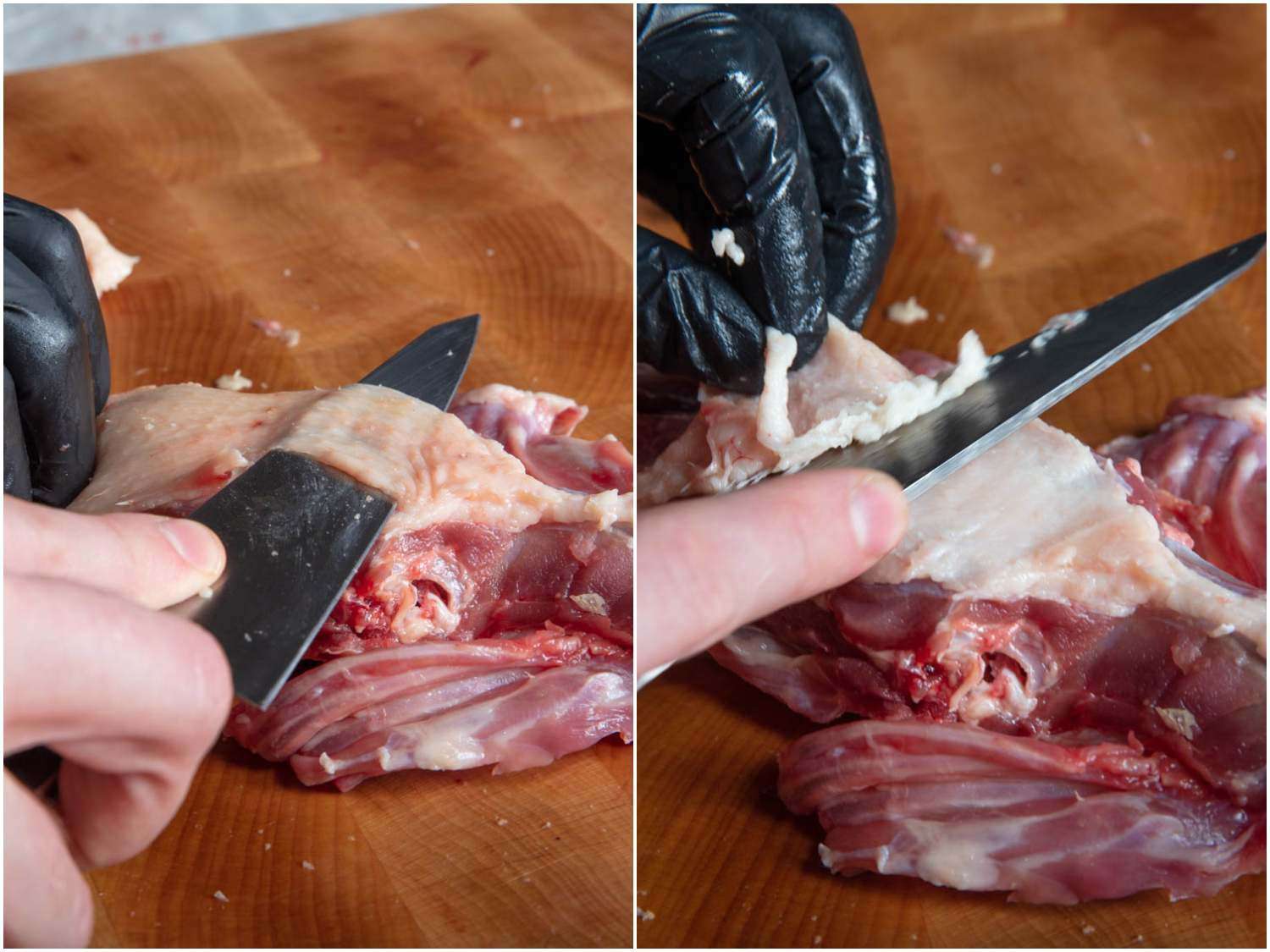 Process shots of removing excess skin and fat from duck backbone in order to render the fat separately.