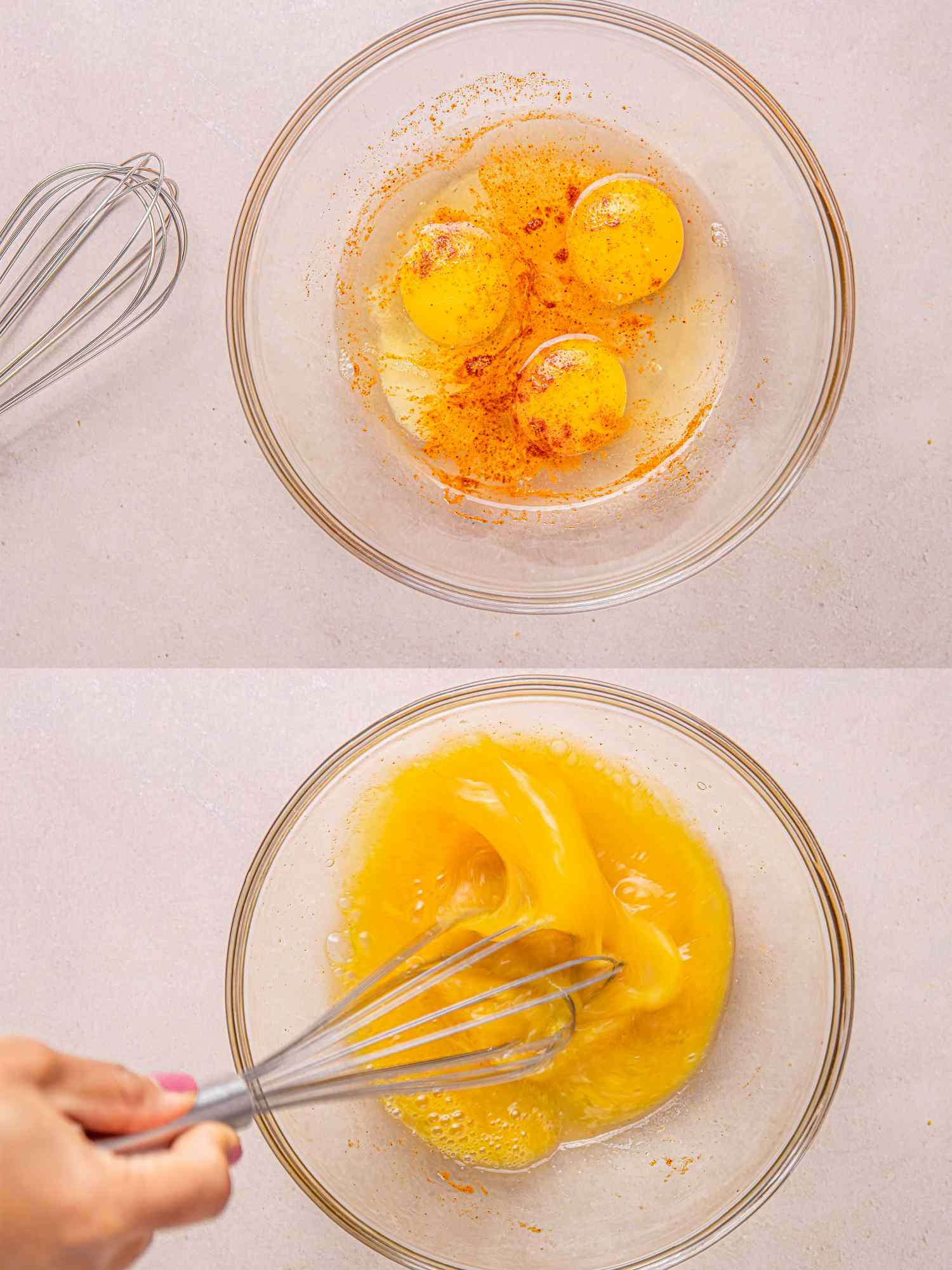 Two images showing the preparation of an omelet cracking eggs in a bowl and whisking them