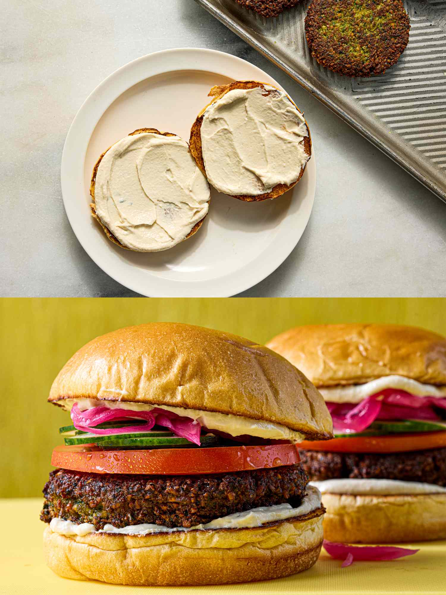 Assembly of falafel burgers with bun preparation and finished sandwiches shown