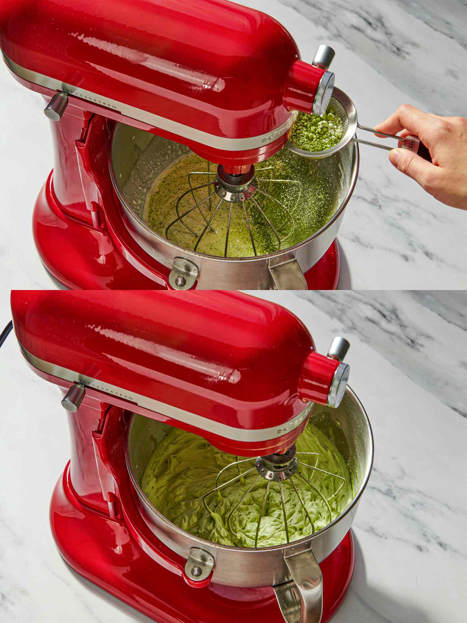 A red stand mixer being used to mix matcha batter with a hand adding matcha powder in a stepbystep progress illustration