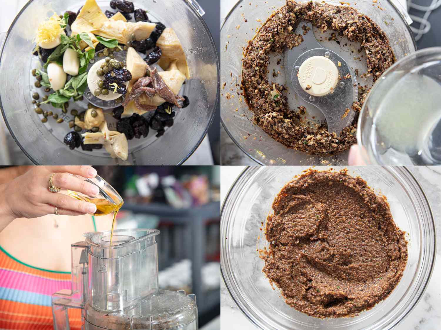 Steps of a cooking process involving a food processor and a mixture being prepared in separate stages