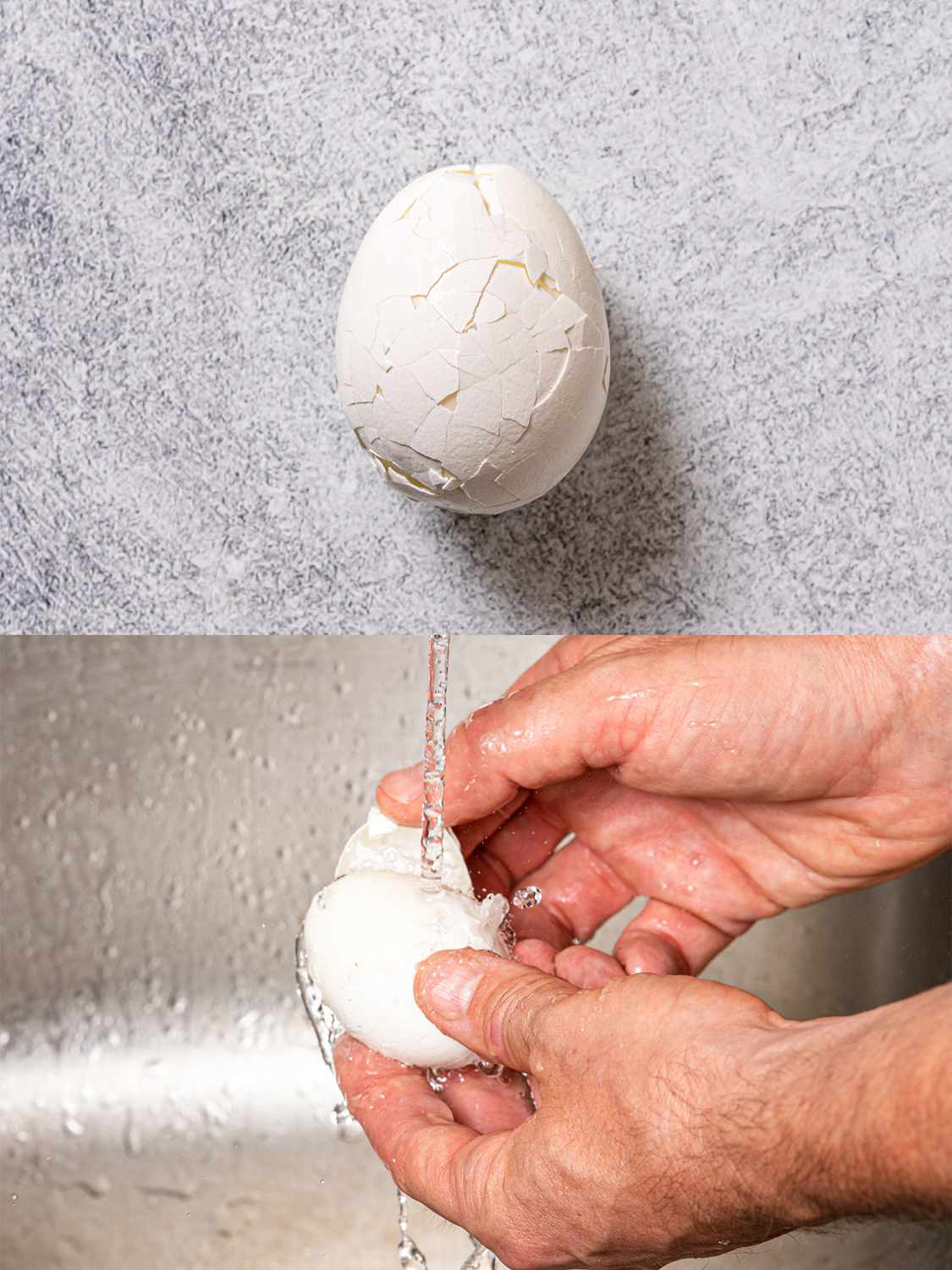 A two-image collage. The top image shows one of the steamed eggs, cracked all over, placed on a stone background. The bottom image shows the egg being peeled by two hands underneath a thin stream of water.