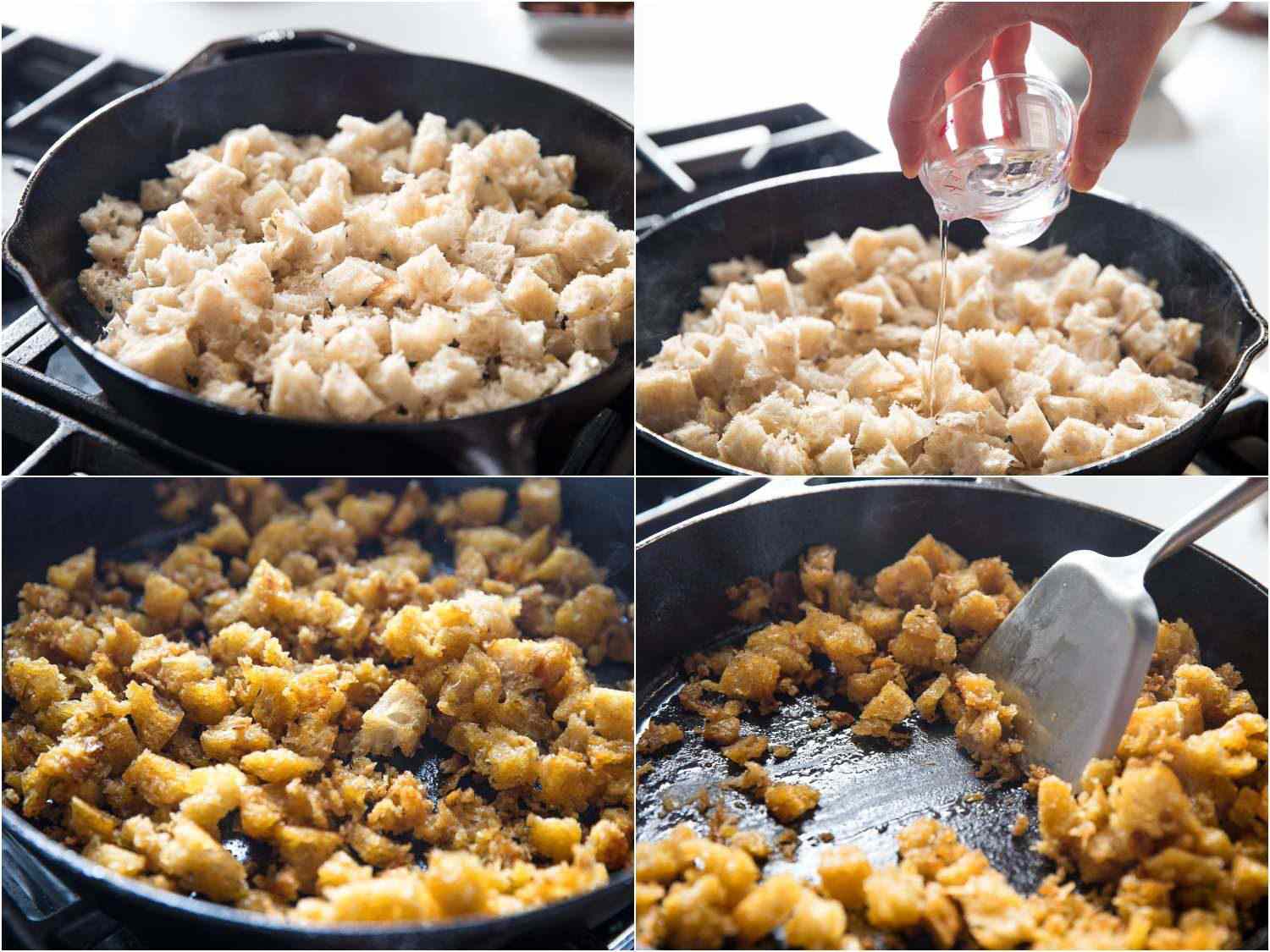 Process shots of cooking bread for Spanish migas, adding water and browning the bread cubes, moving them around with a metal spatula. 