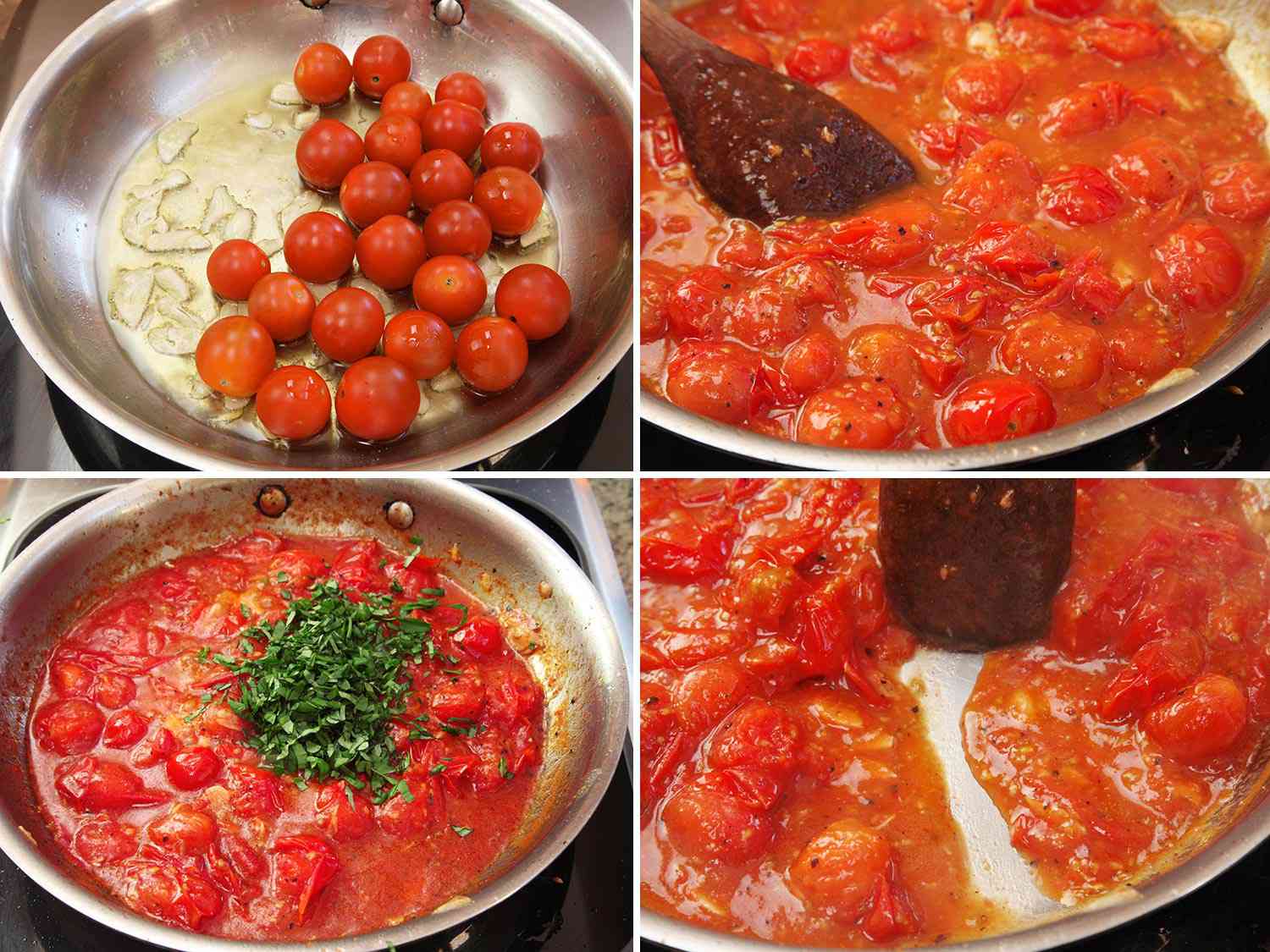 Collage of making cherry tomato sauce: cooking tomatoes with garlic until they burst, adding fresh basil, stirring to form a sauce.