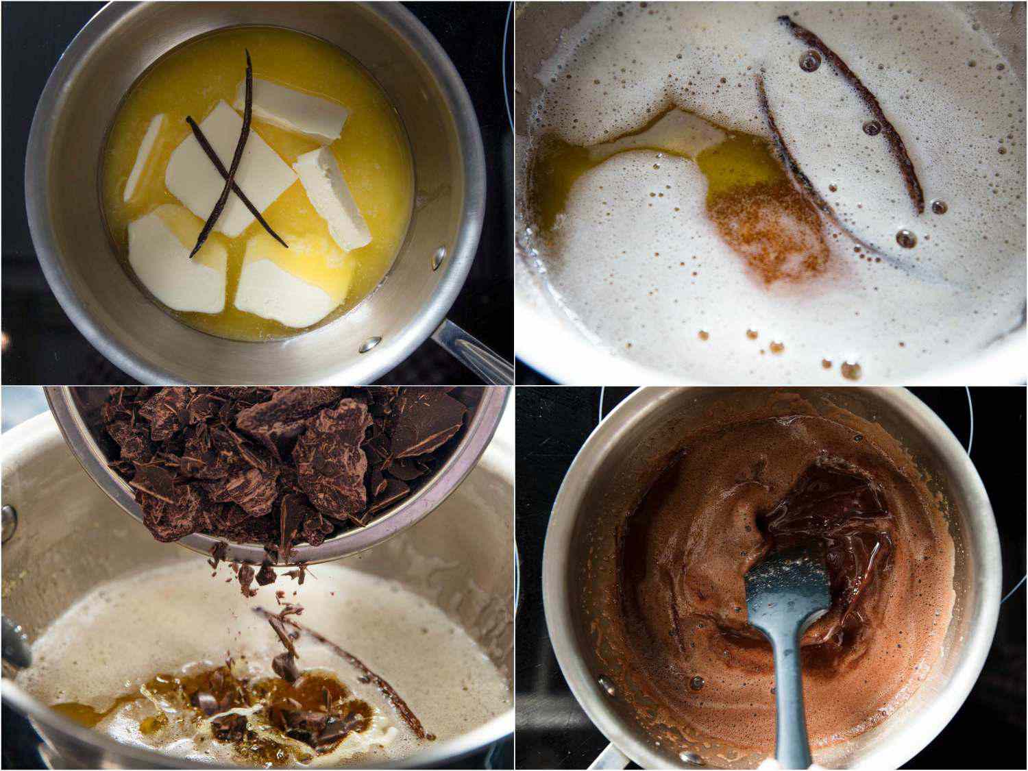 A collage of four pictures showing butter in a pan with vanilla beans. The second picture shows melted butter in a pot with vanilla beans. The third photo shows chopped chocolate being added to the melted butter. The fourth picture shows the chocolate being stirred into the melted butter. 