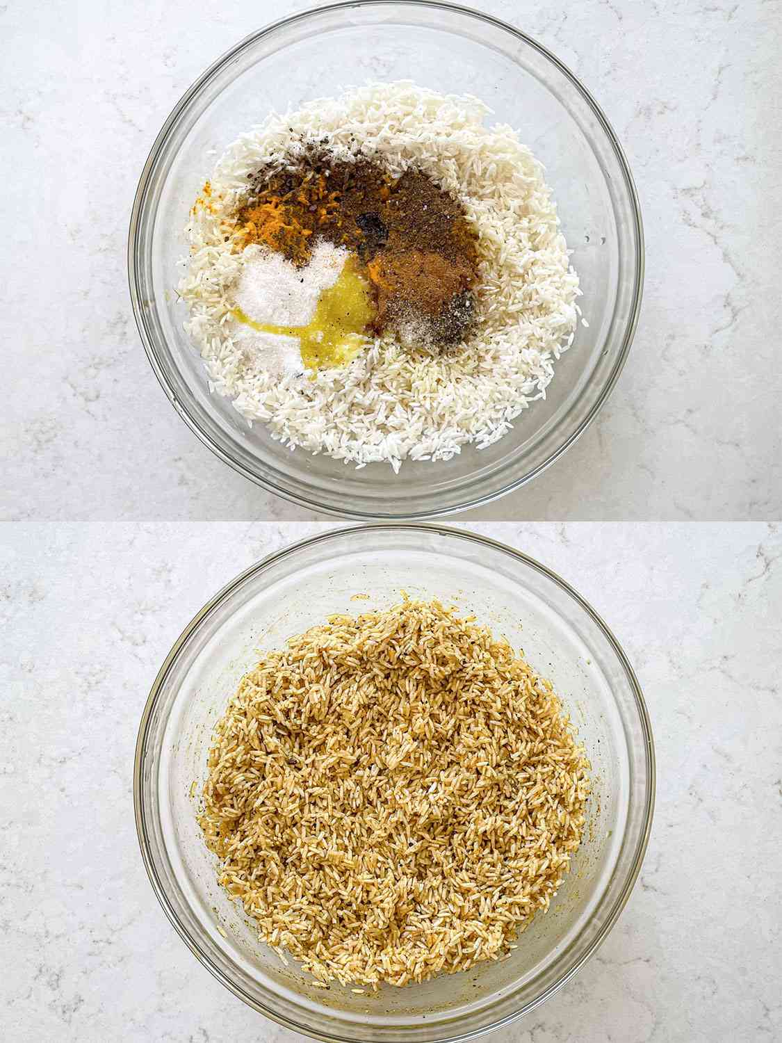 Two Image Collage: Rice in a bowl with spices sitting on top; Rice with spices mixed in