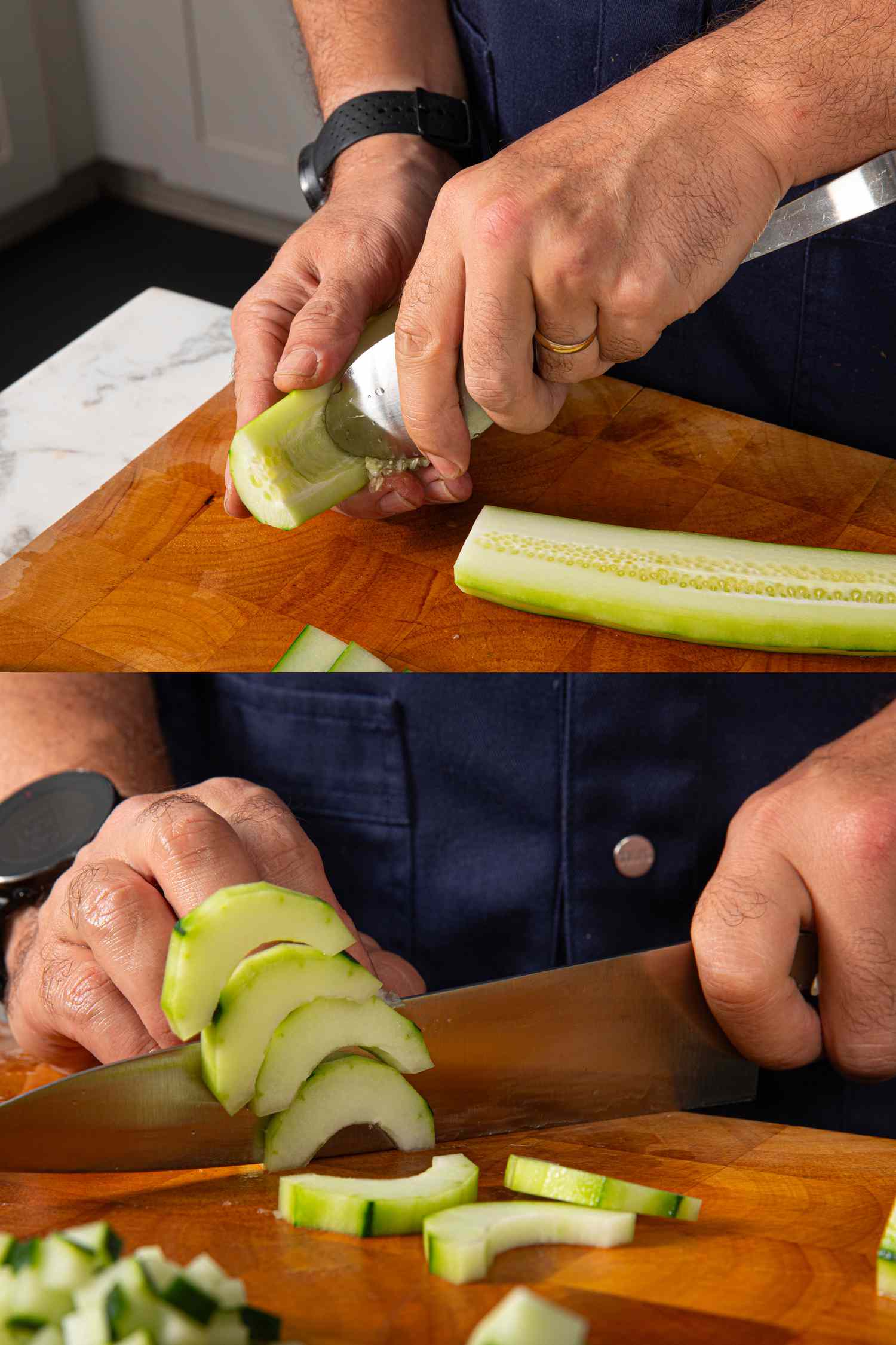 Two image collage of scrapping out the inside and then cutting half moons