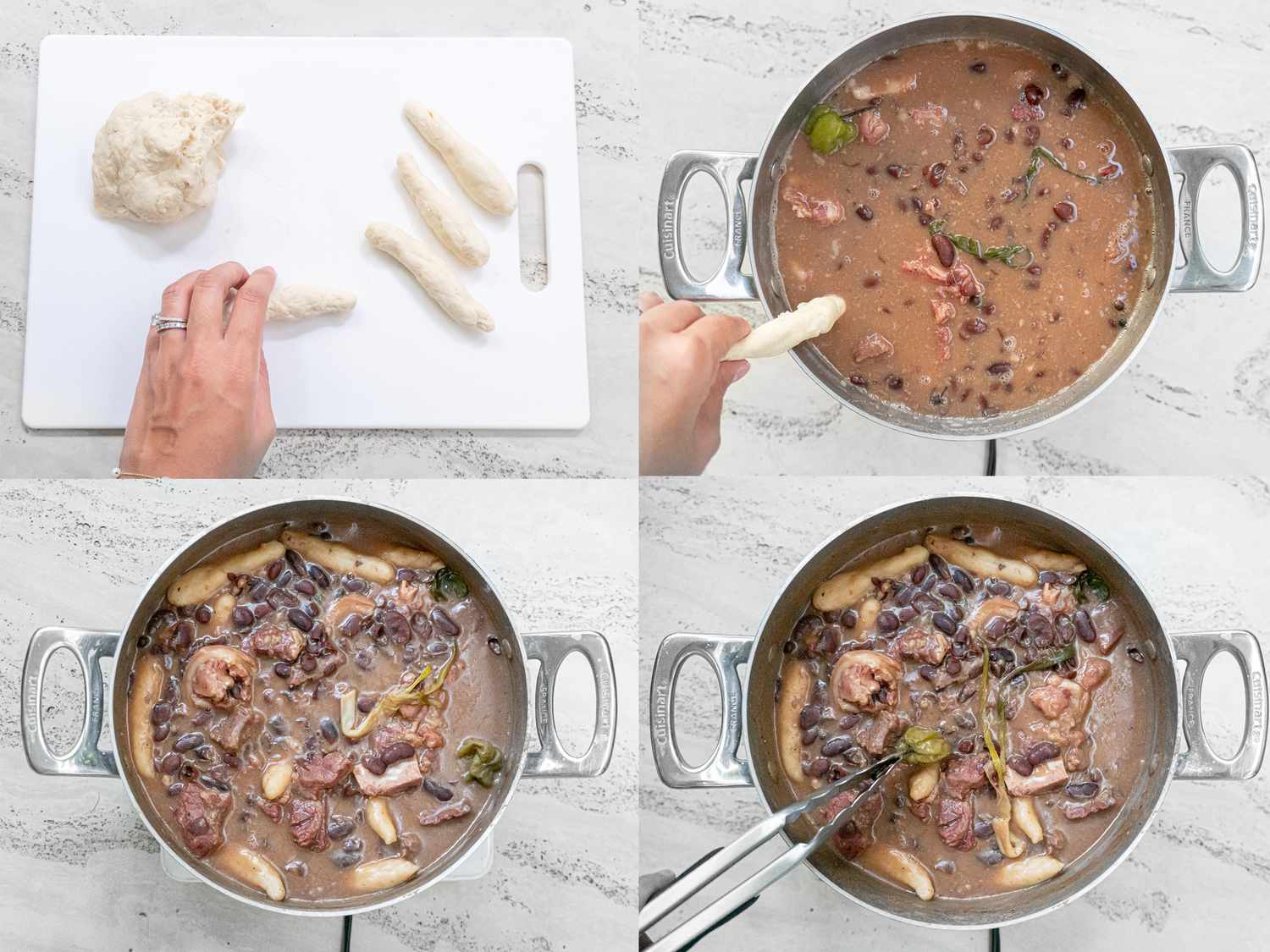 Four image collage of adding spinners to stew and removing scotch bonnet