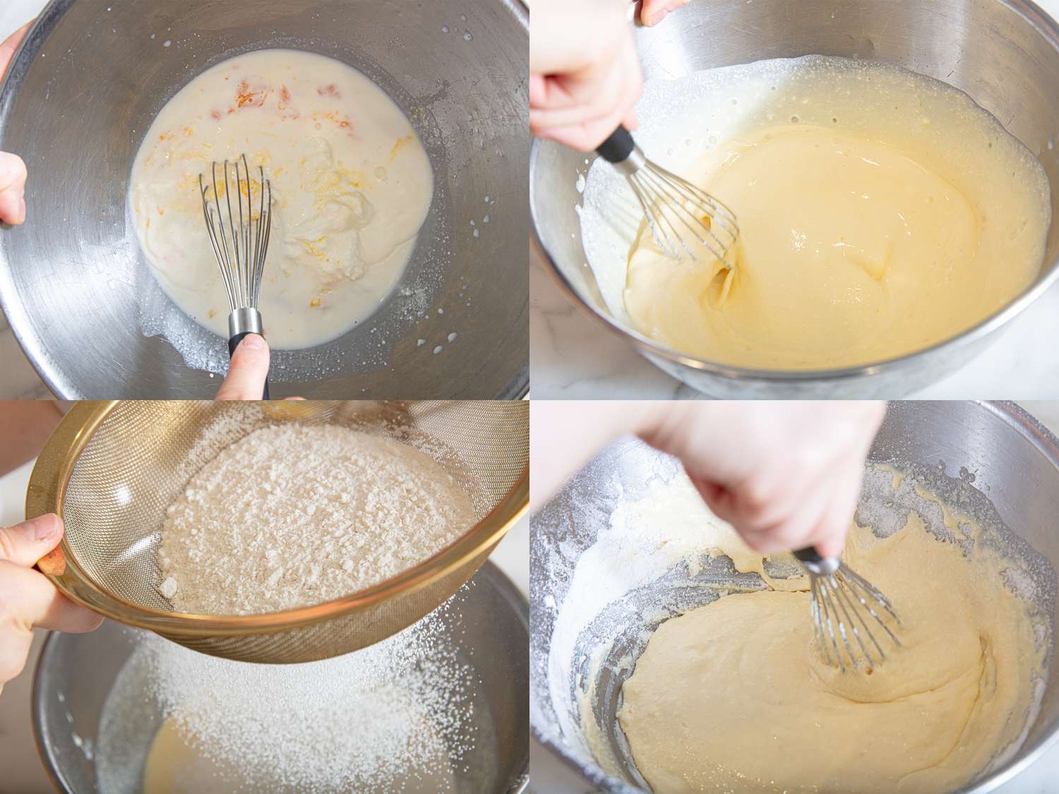 Steps of preparing lemon ricotta pancake batter with a whisk in a series of bowls