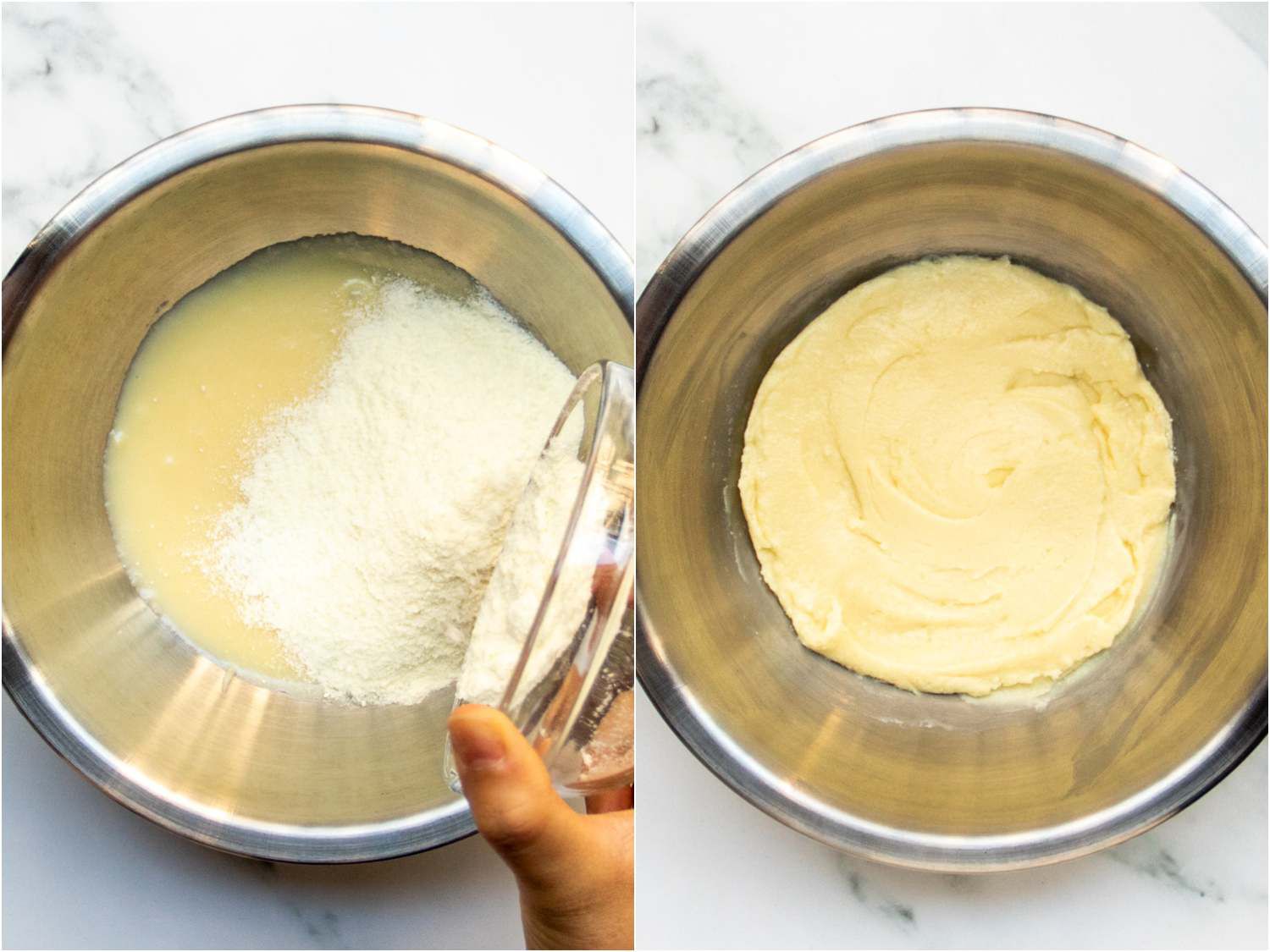 collage: adding powder to thickened milk and cream; stirred to thoroughly combine