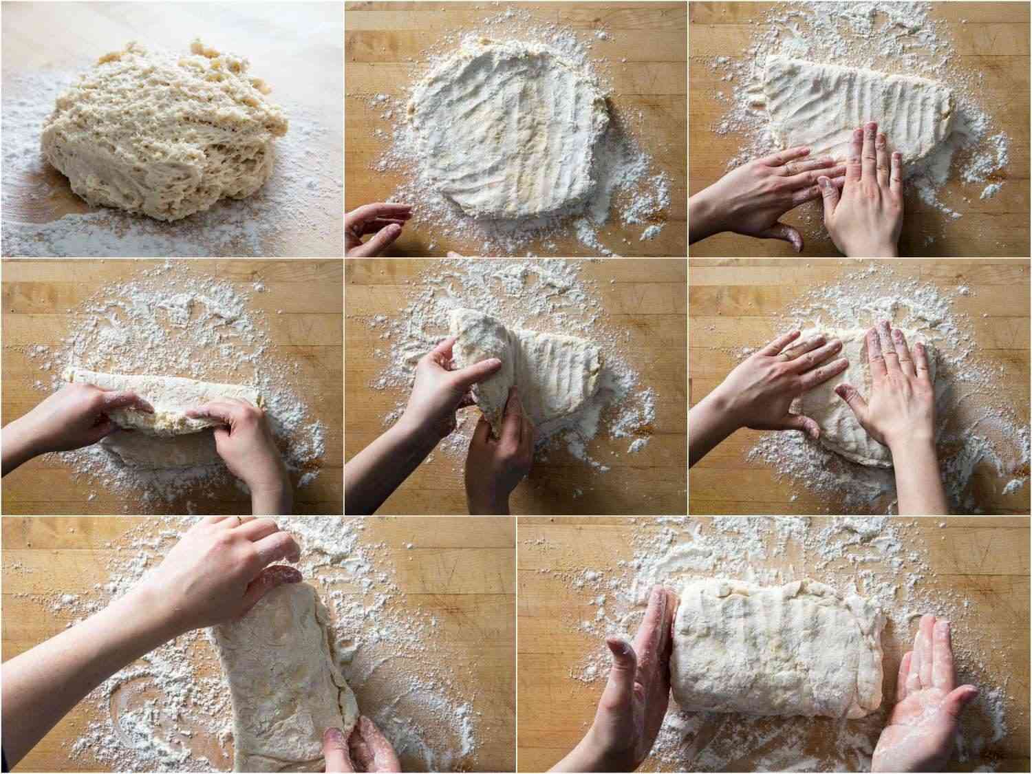 Collage showing angel biscuit dough being patted out on a work surface and folded.