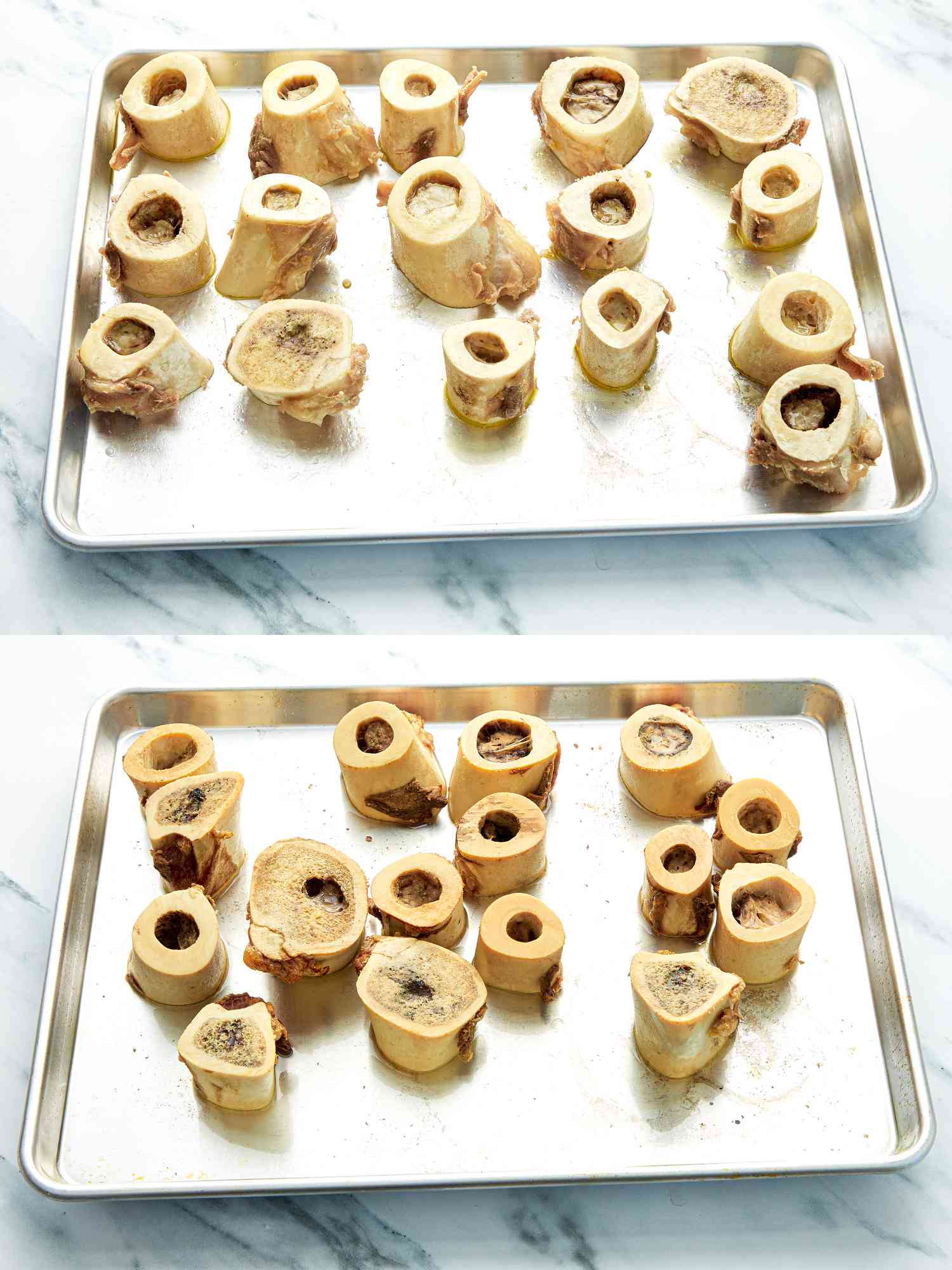 2 image collage. Top: Bones layered on a sheet pan. Bottom: Bones after roasting on a sheetpan 