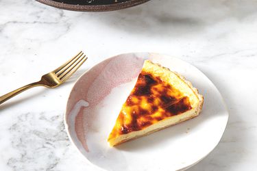 Overhead view of a slice of Flan PÃ¢tissier