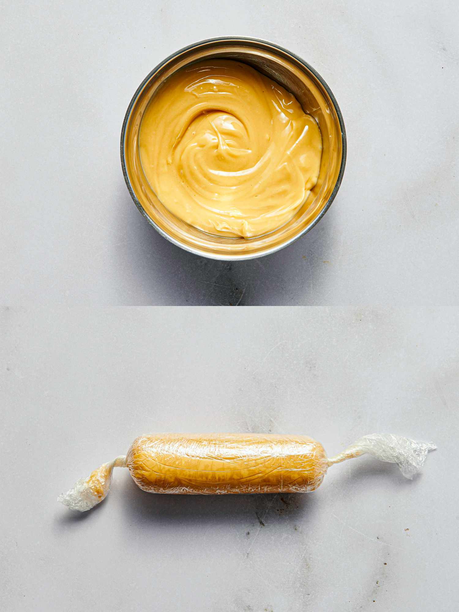 Two image collage of butter and being wrapped in a log