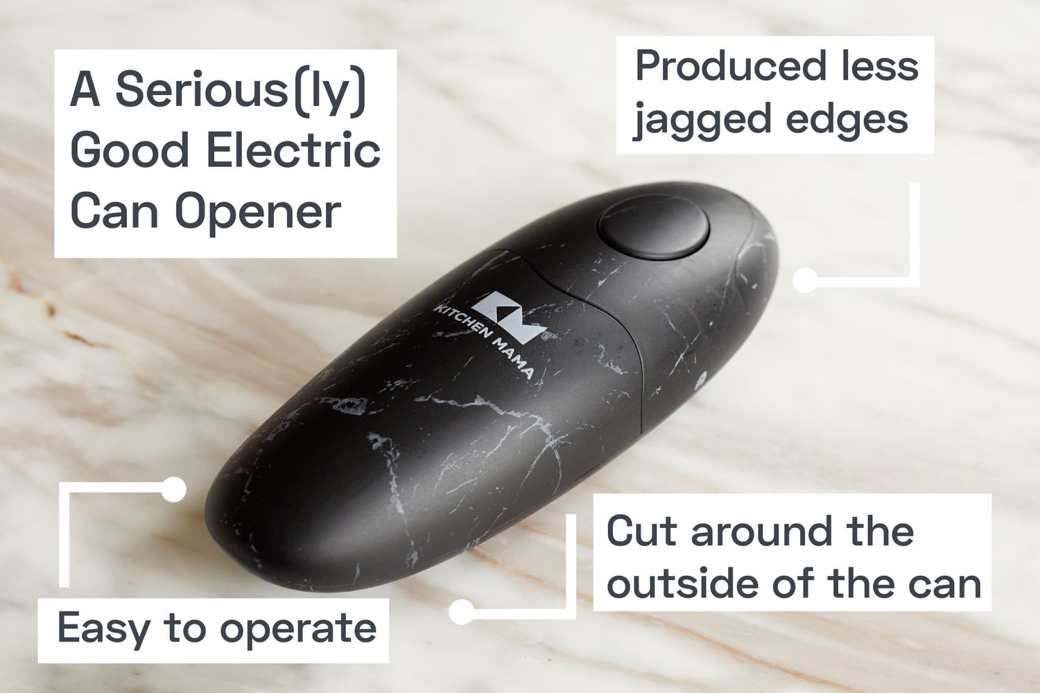 A handled electric can opener on a marble surface