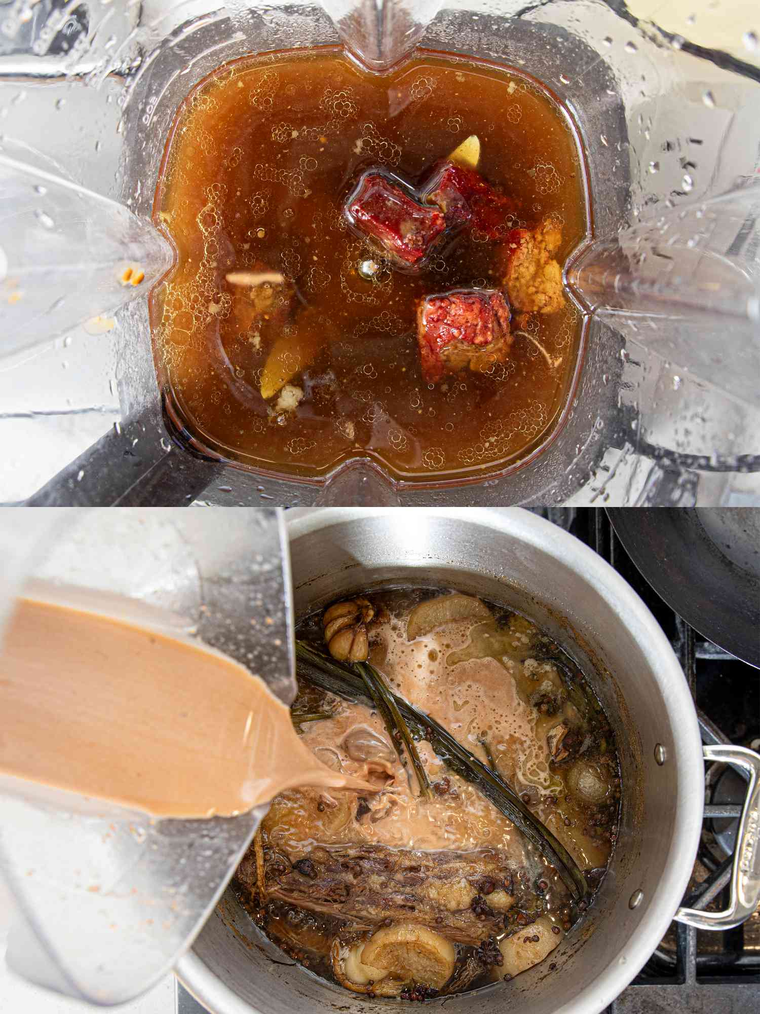 Two image collage of inside the blender and pouring mixture into stock pot
