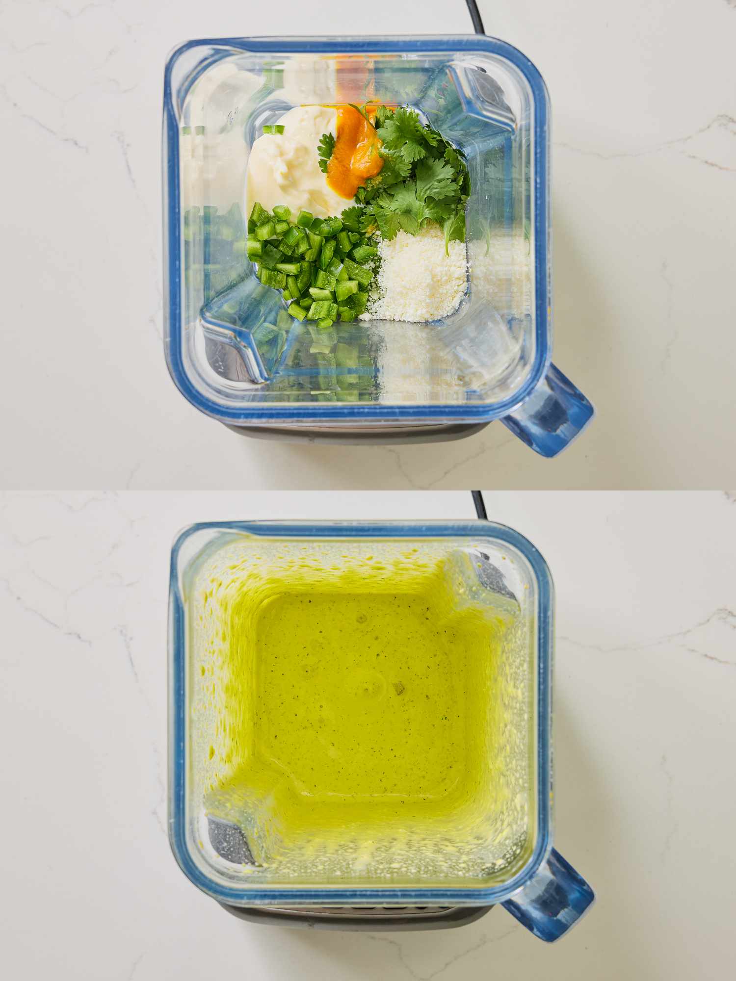 2 image collage. Top: fresh ingredients in a blender. Bottom: vegetables processed in blender 
