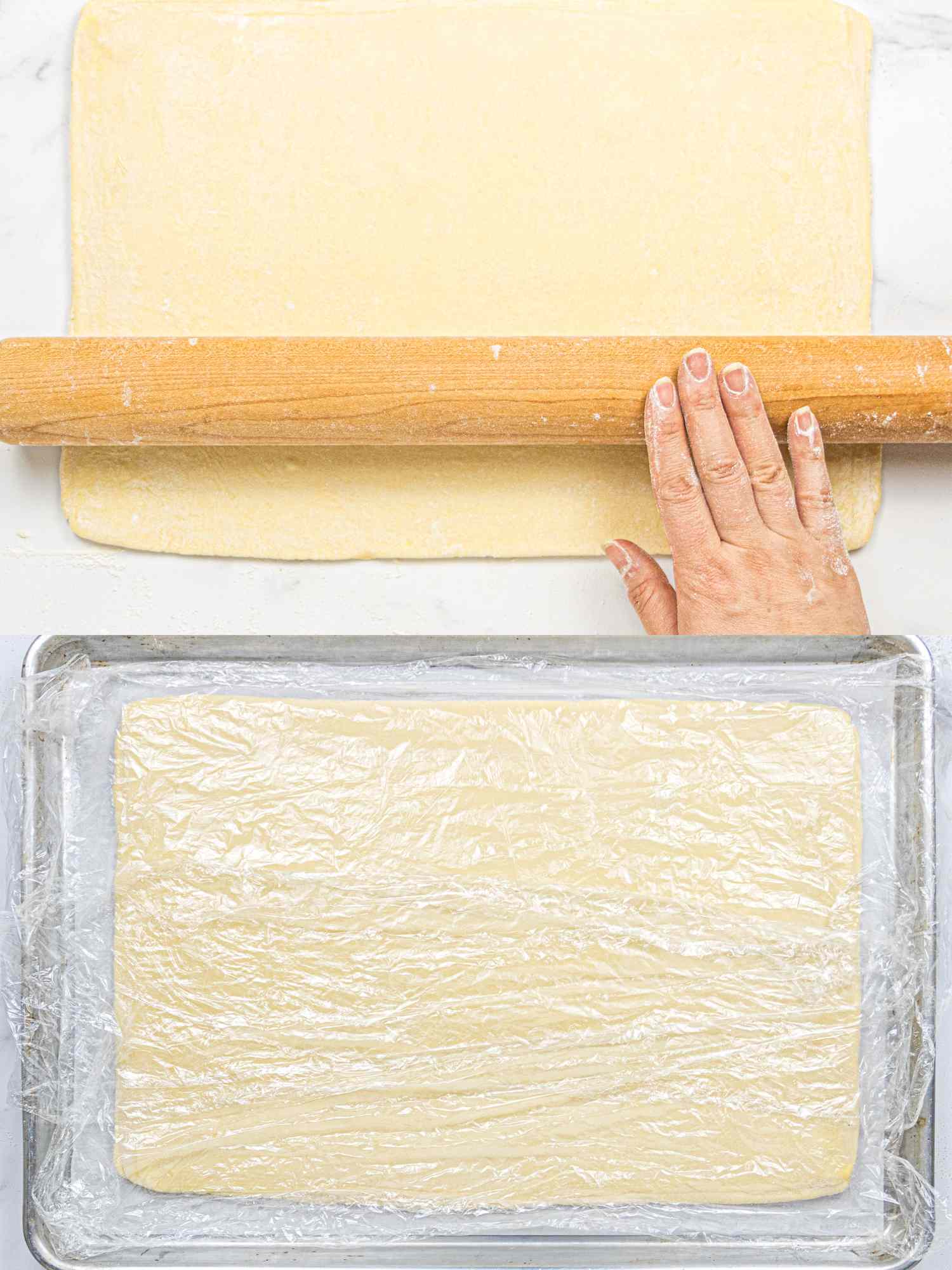 Rolling a sheet of dough with a rolling pin another layer of dough rests in a baking tray below