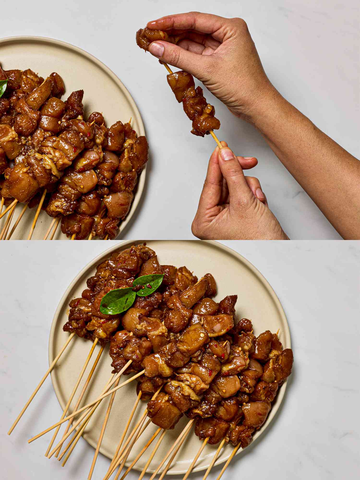 Two image collage of skewering chicken