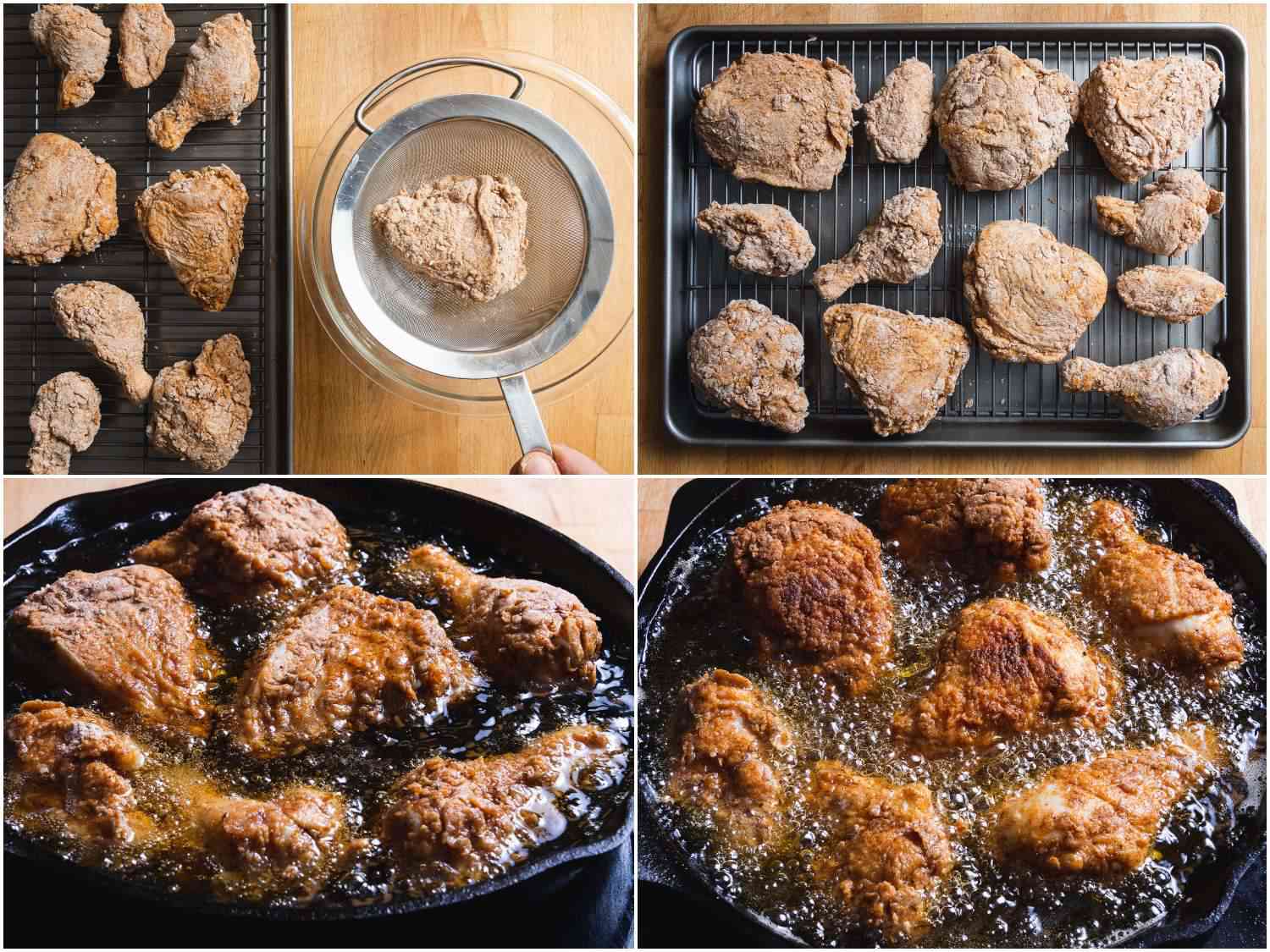 Collage of shaking excess breading from chicken pieces and frying chicken