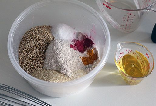 Dry ingredients, water, and plain sesame oil measured out.