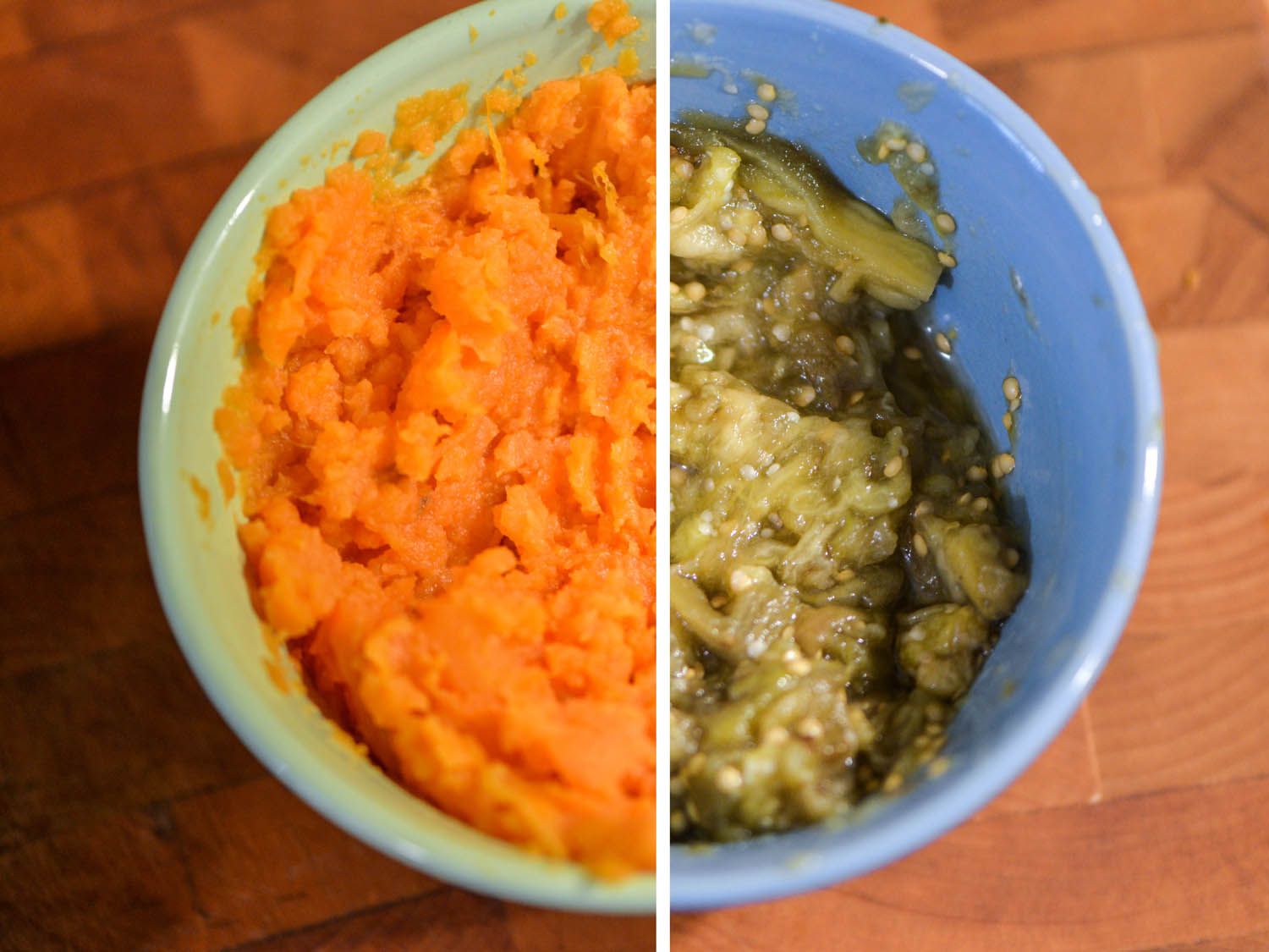 Composite of mashed sweet potato and eggplant.