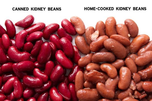 Canned red kidney beans, left, are brighter than the home-cooked ones at right.