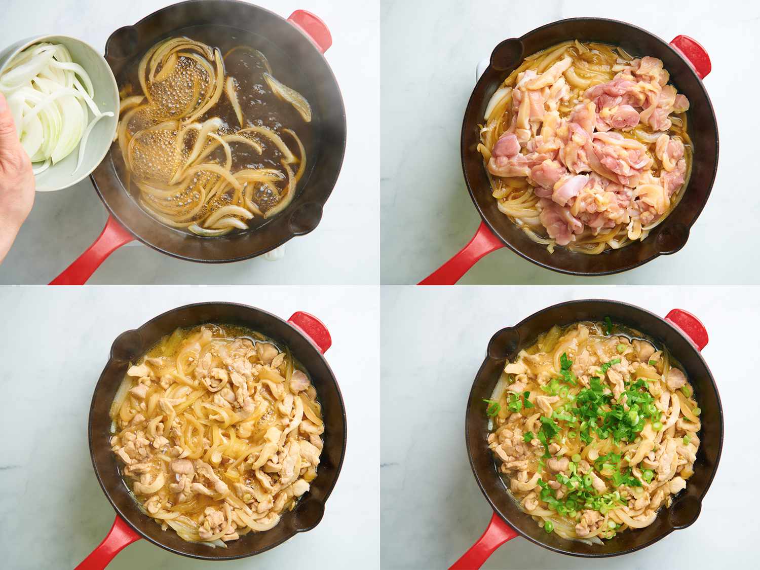A four-image collage showing the initial oyakodon cooking steps. The top left image shows the onions being cooked in broth. The top right image shows the chicken, uncooked, added to the pan of onions. The bottom left image shows the cooked chicken, onions, and broth in the pan. The bottom right image shows the cooked chicken, onions, and broth topped with scallions.