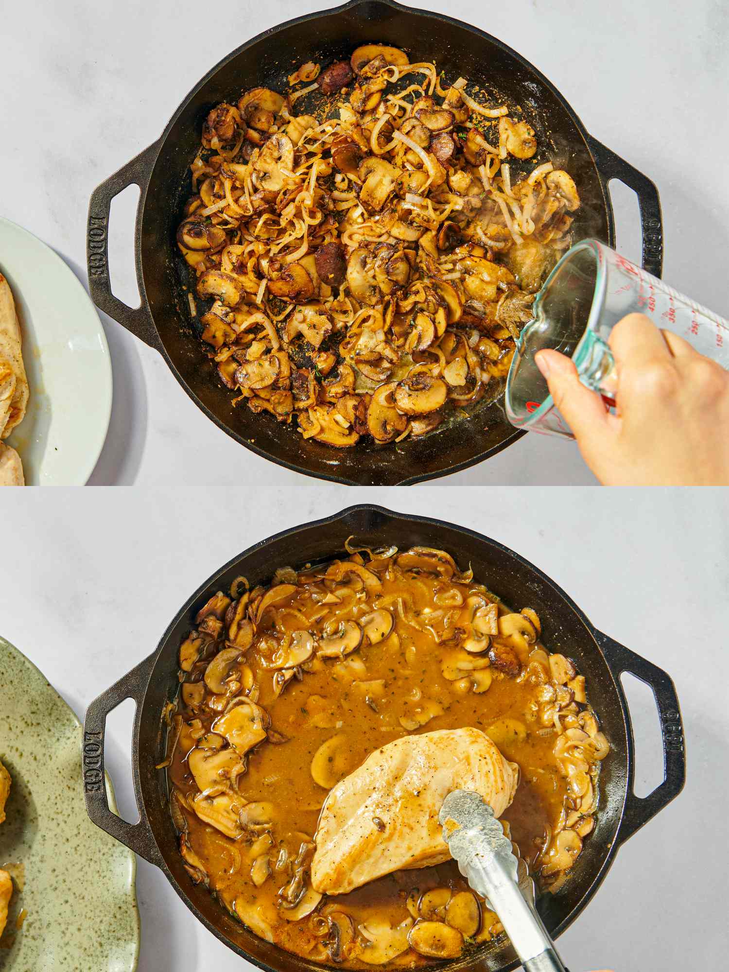 Steps in cooking chicken fricassee showing mushrooms cooking with liquid being added and chicken pieces being combined