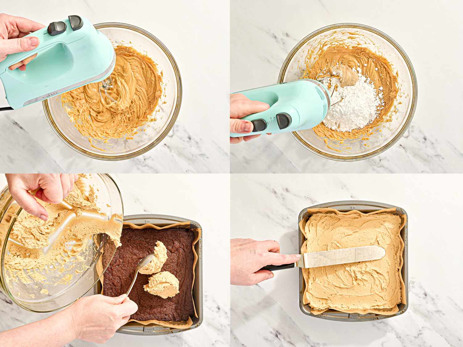 A collage showing steps for preparing tripledecker peanut butter brownies with mixing and spreading