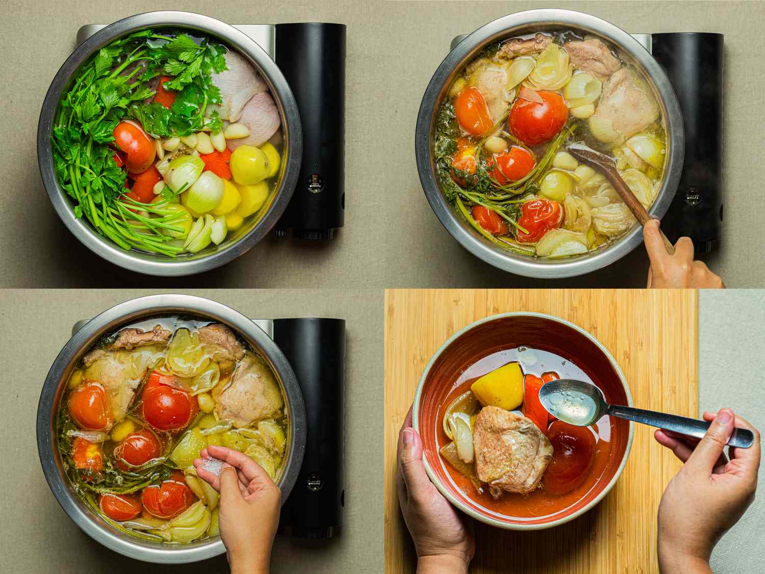 Four image collage of cooking soup and serving soup
